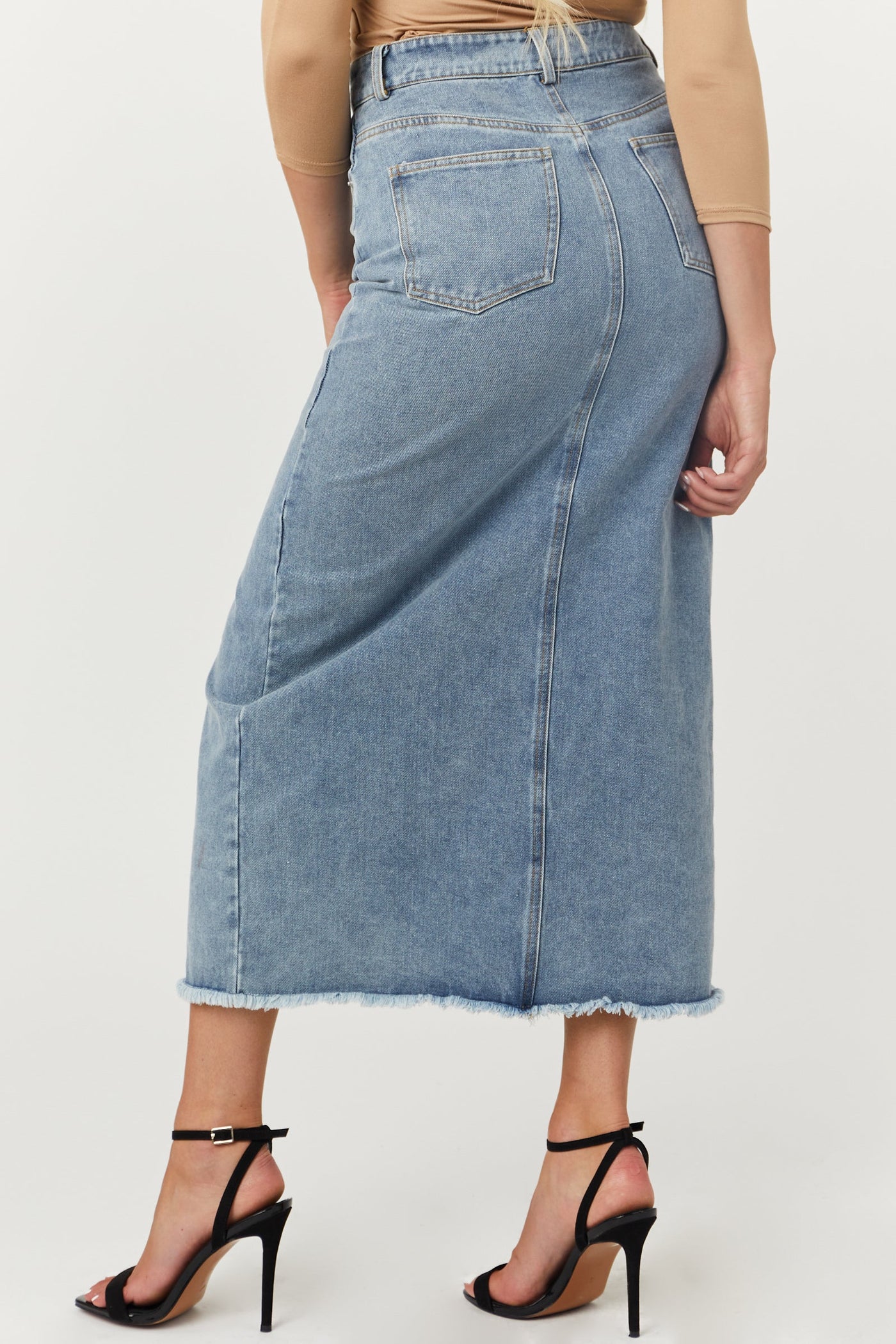 Light Washed Denim Front Slit Frayed Maxi Skirt