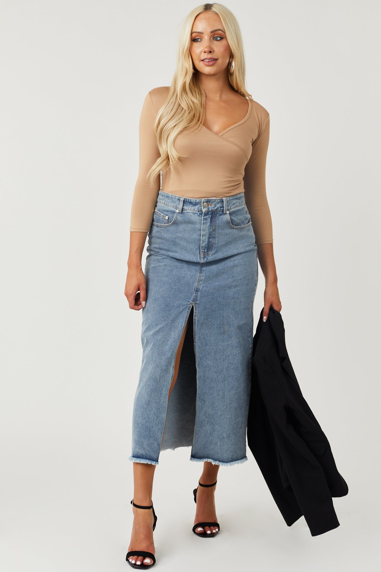 Light Washed Denim Front Slit Frayed Maxi Skirt