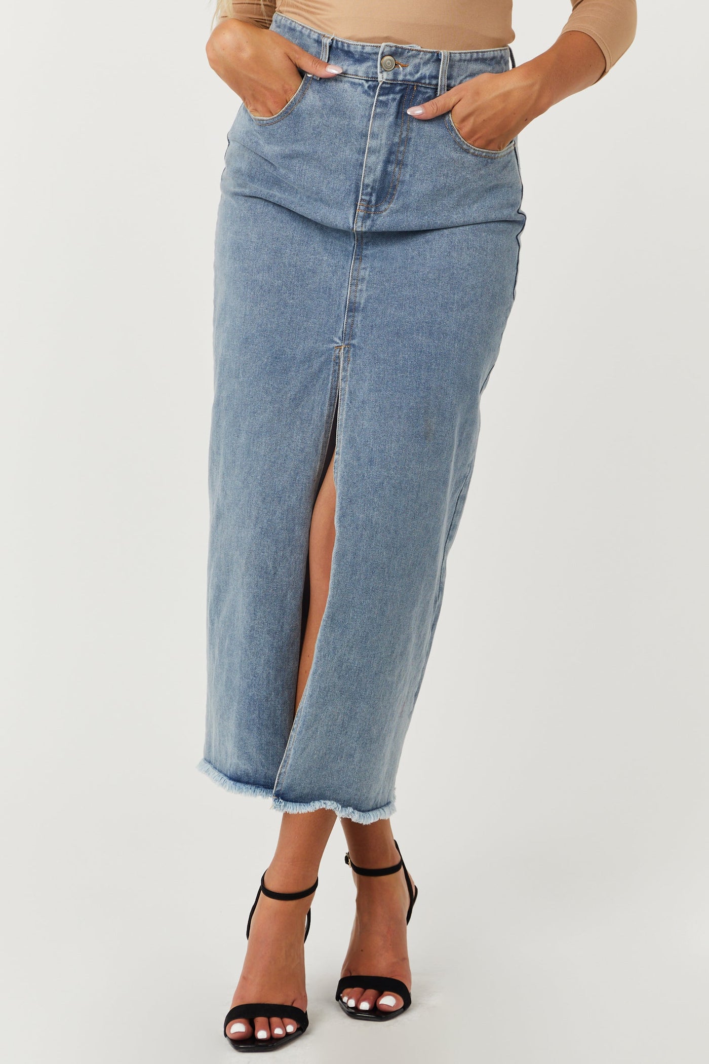 Light Washed Denim Front Slit Frayed Maxi Skirt