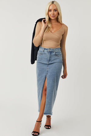 Light Washed Denim Front Slit Frayed Maxi Skirt