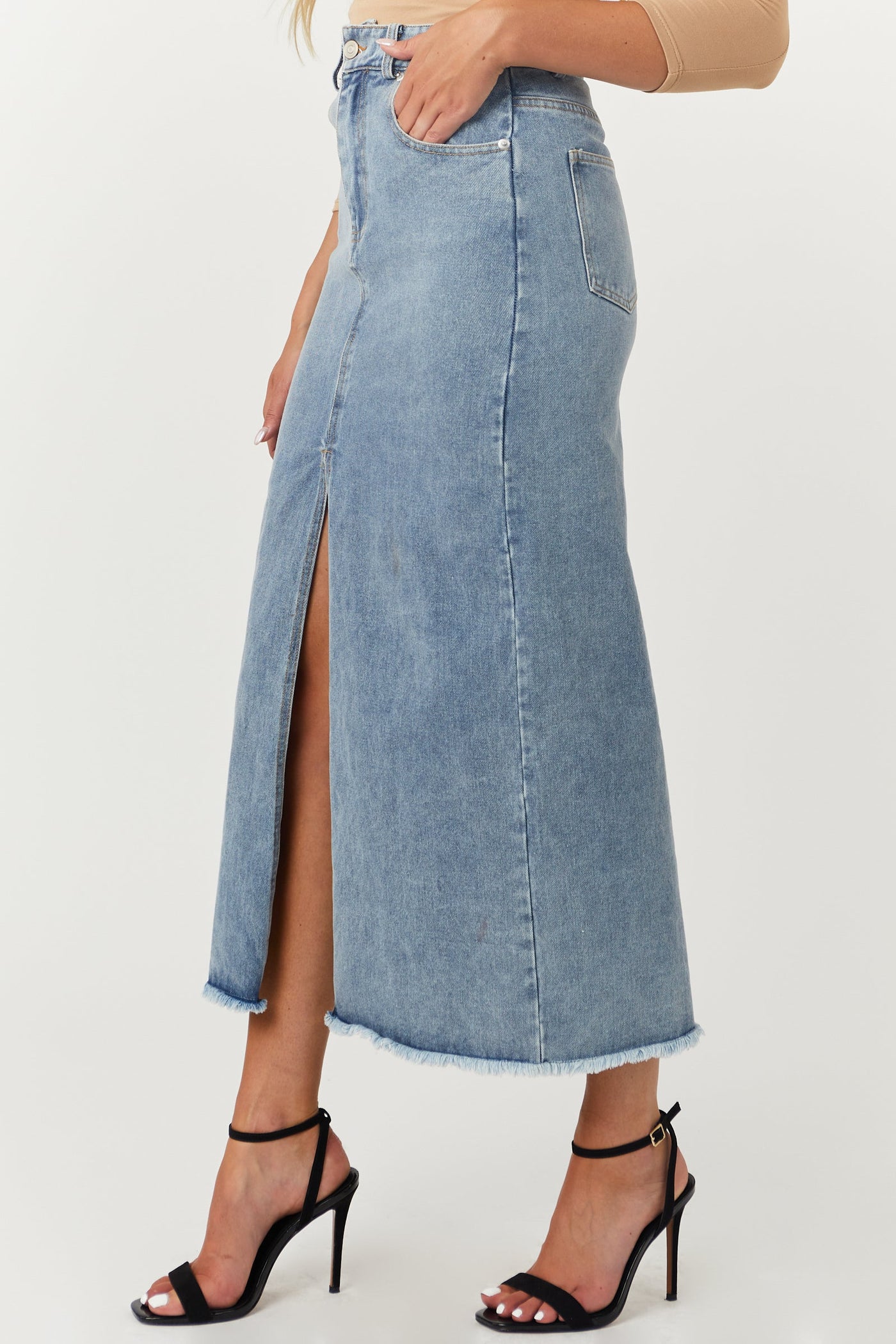 Light Washed Denim Front Slit Frayed Maxi Skirt