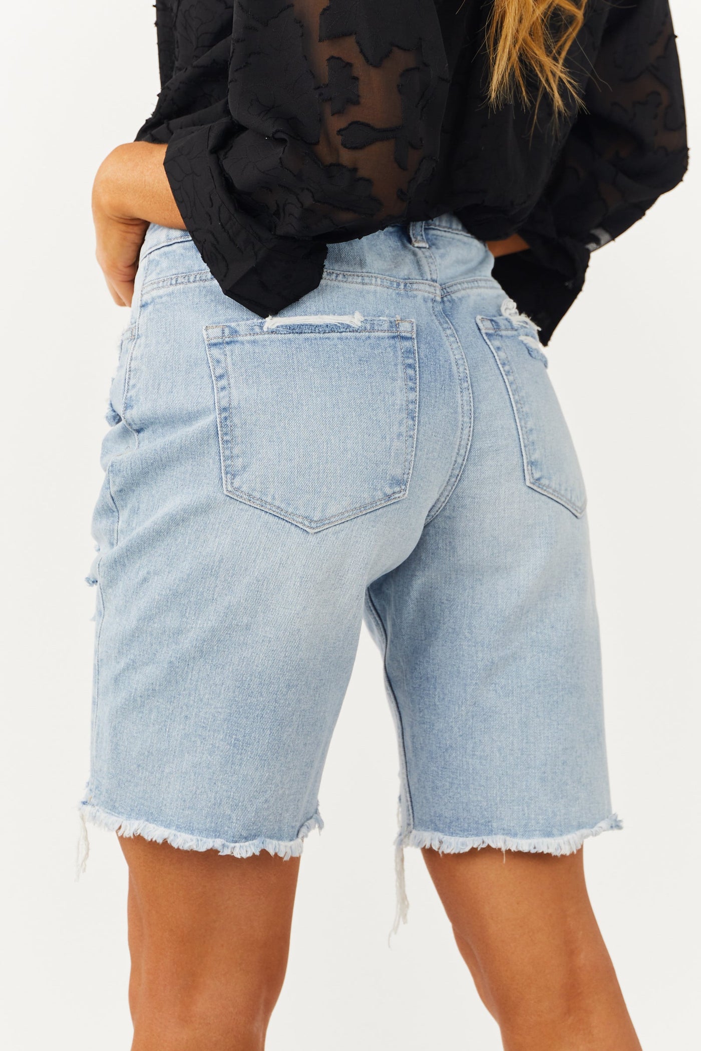 Light Washed High Rise Distressed Bermuda Shorts