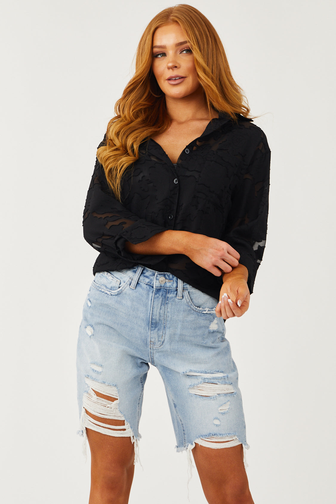 Light Washed High Rise Distressed Bermuda Shorts