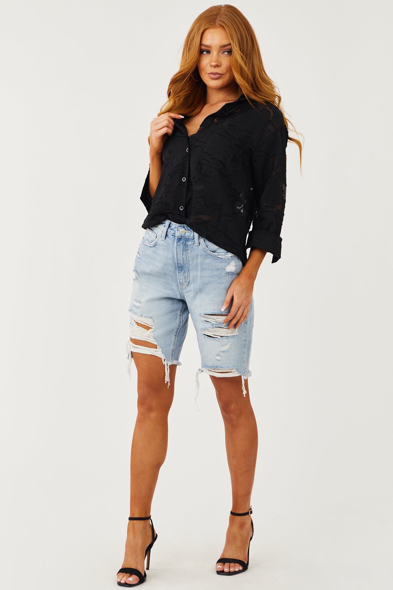 Light Washed High Rise Distressed Bermuda Shorts