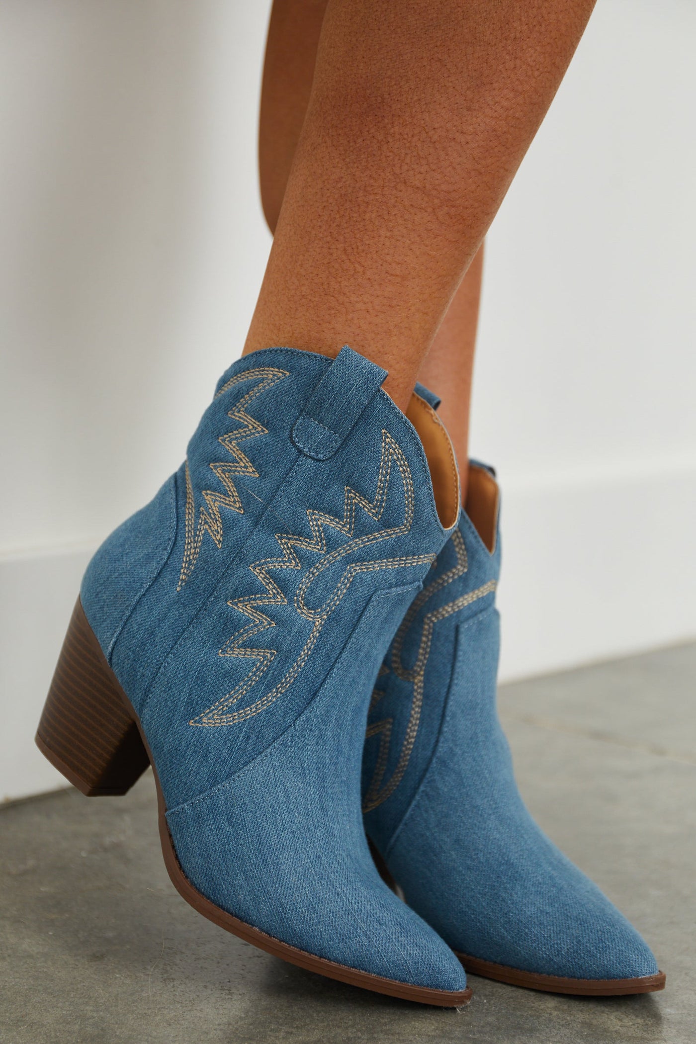 Light Denim Pointed Toe Heeled Western Booties