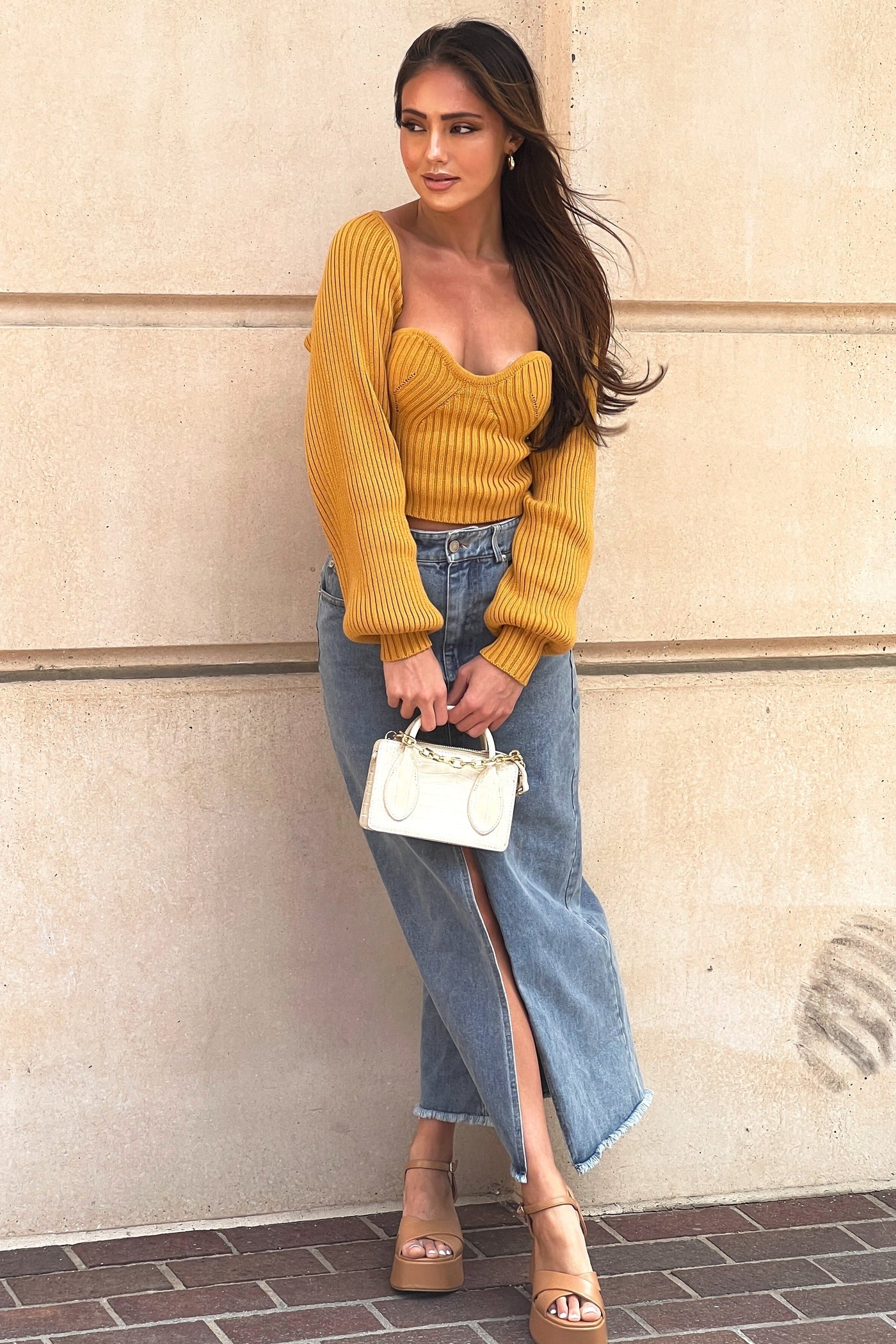 Light Washed Denim Front Slit Frayed Maxi Skirt