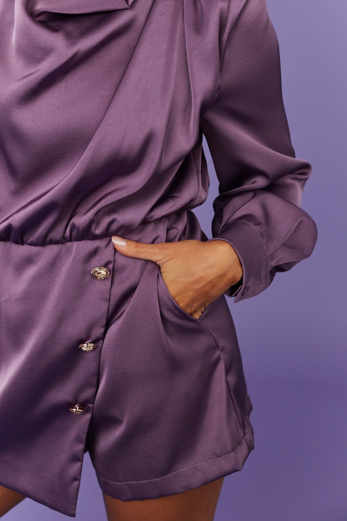 Lilac Cowl Neck Front Overlay with Buttons Romper