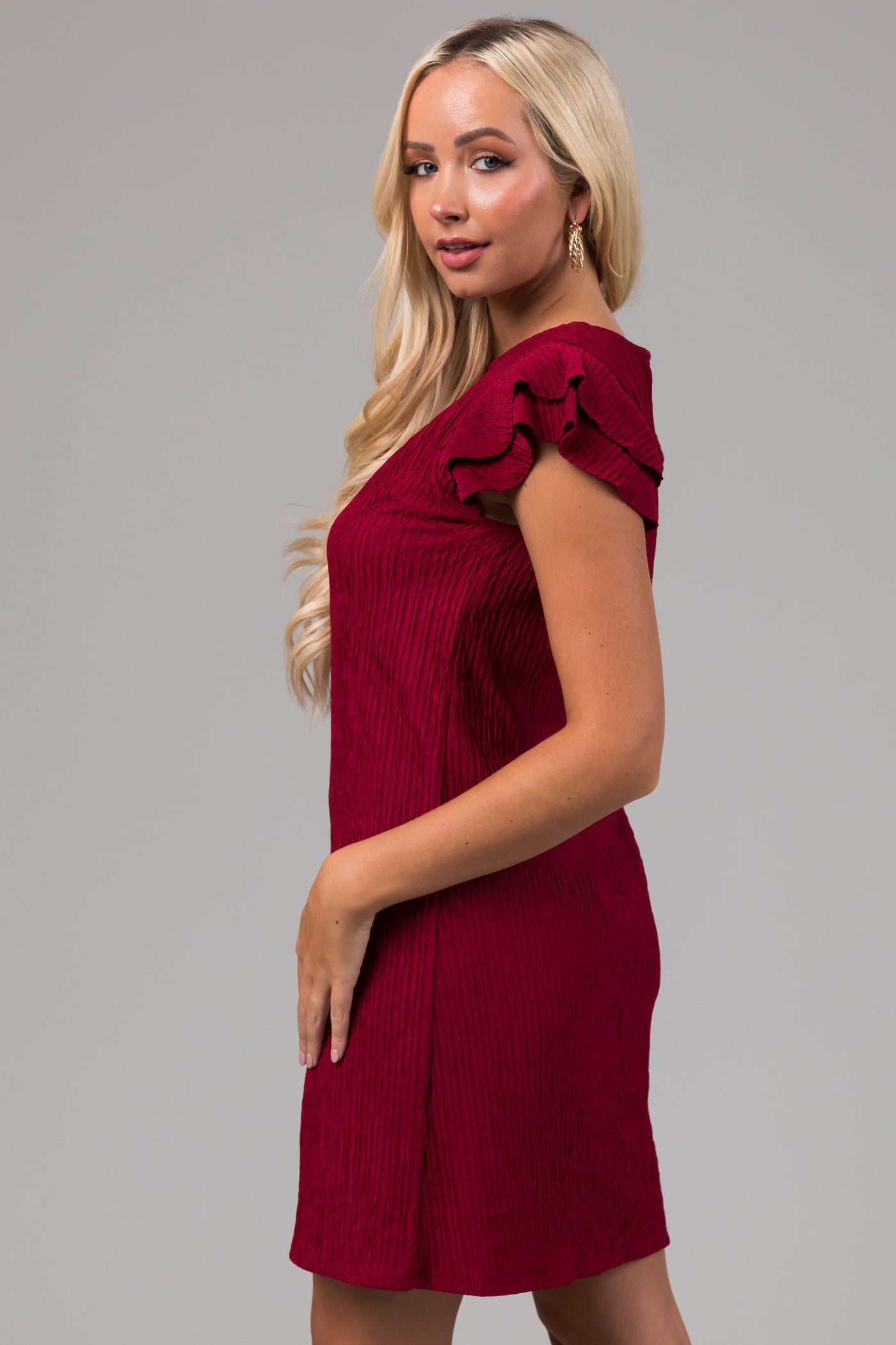 Lily Burgundy Frill Textured Shift Dress
