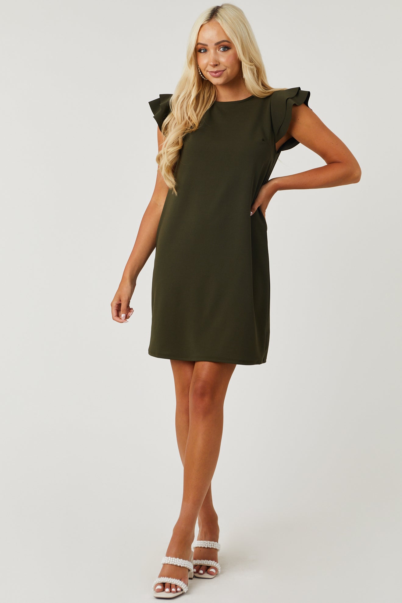 Lily Dark Olive Ruffle Sleeve Shift Dress