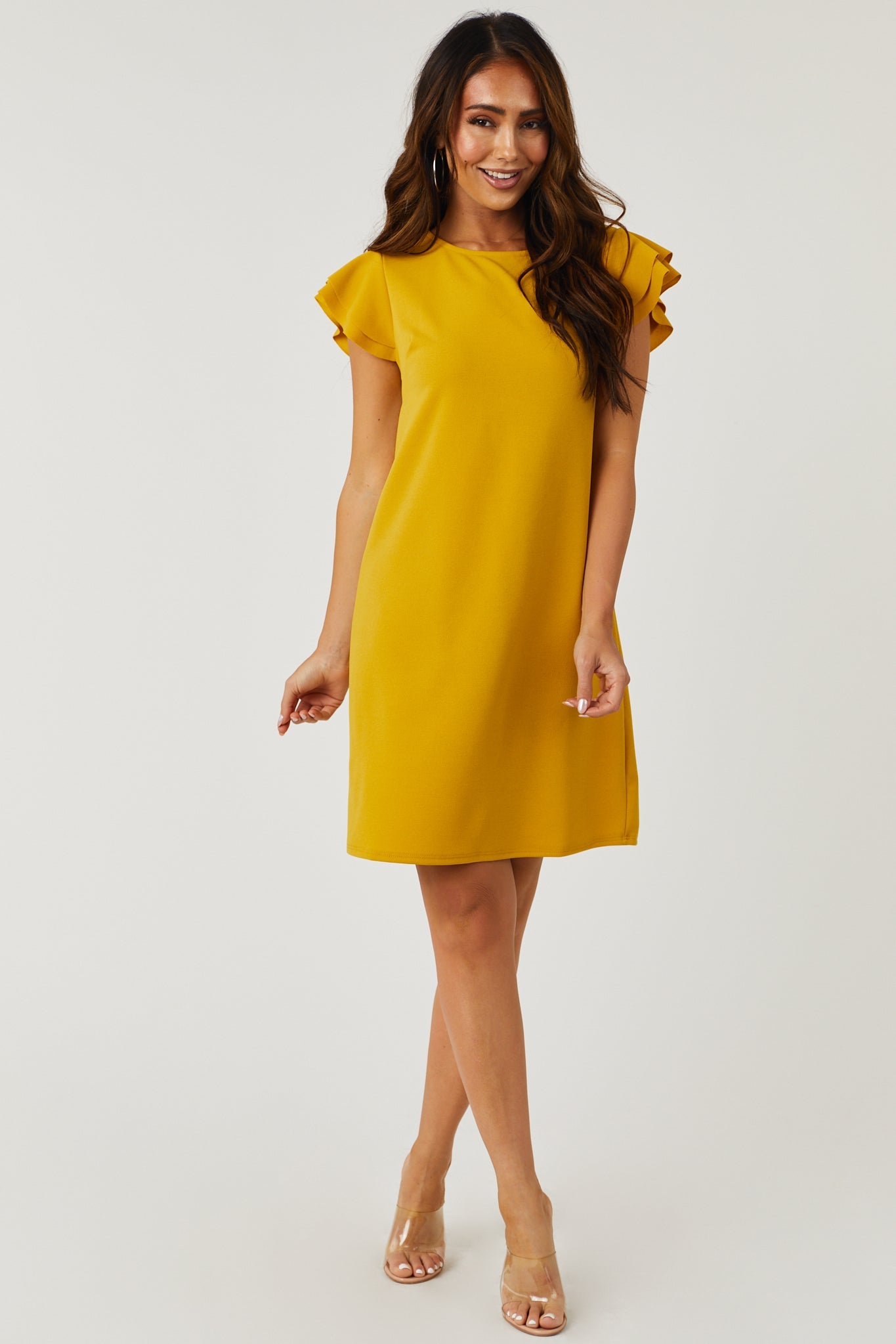 Lily Mustard Ruffle Sleeve Shift Dress