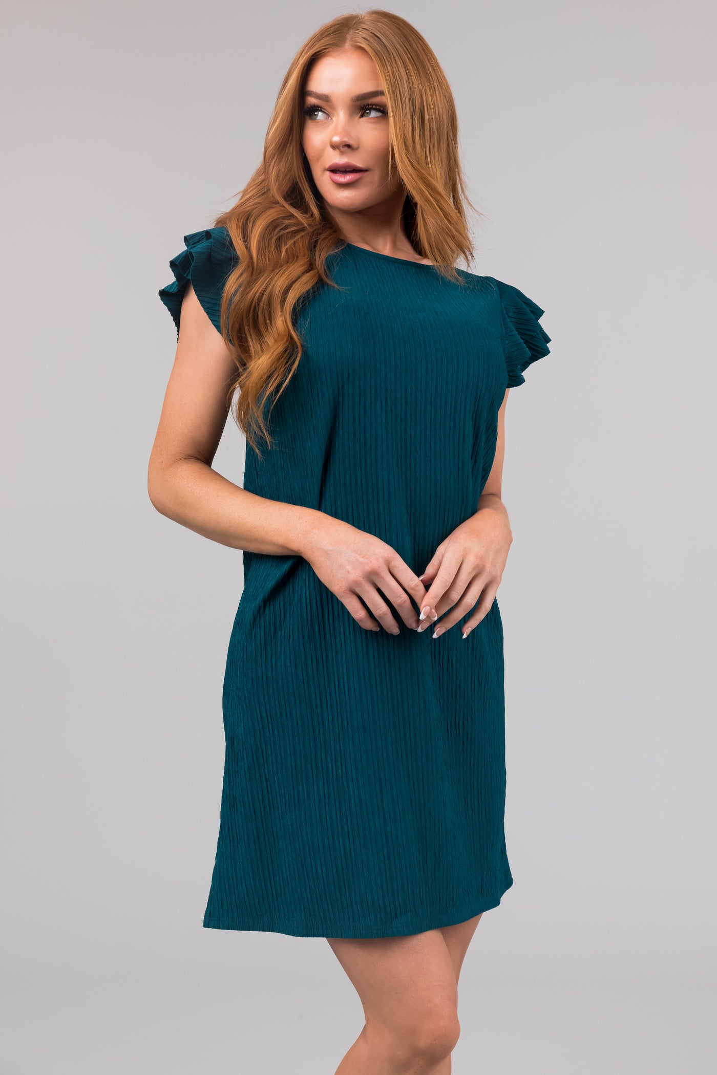 Lily Teal Frill Textured Shift Dress