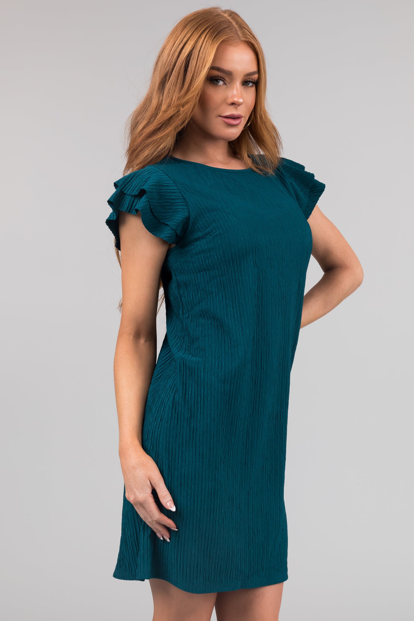 Lily Teal Frill Textured Shift Dress