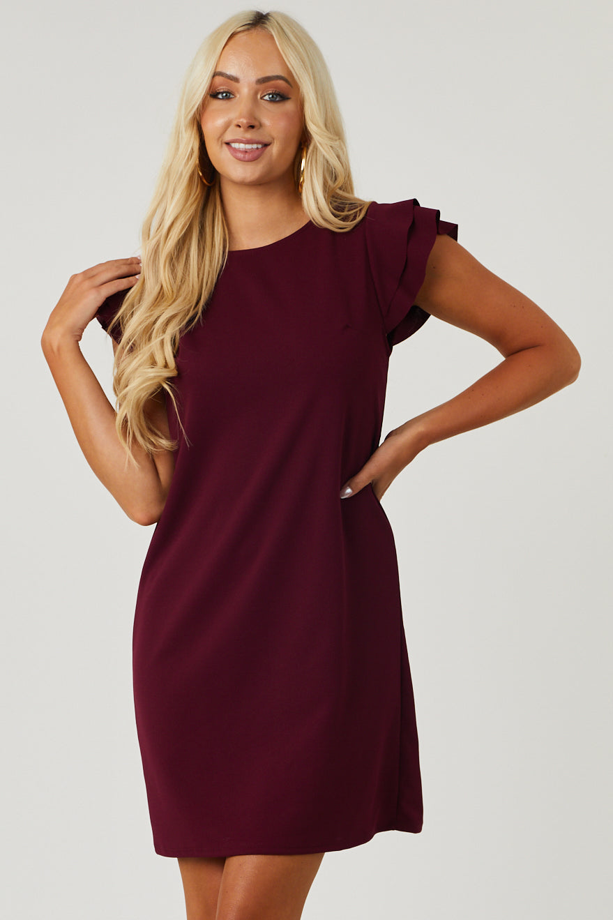 Lily Wine Ruffle Sleeve Shift Dress