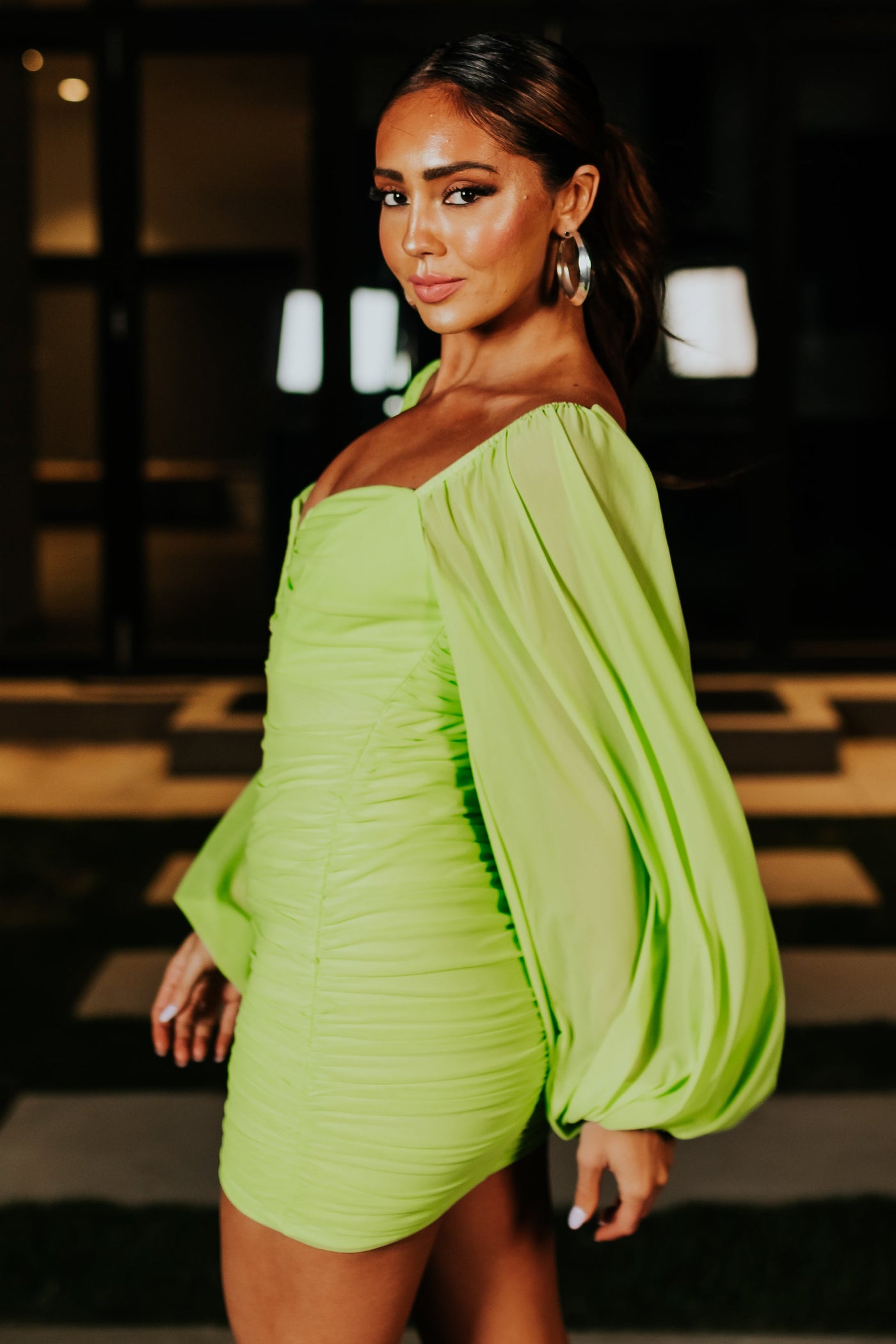 Lime Bubble Sleeve Ruched Bodycon Mini Dress