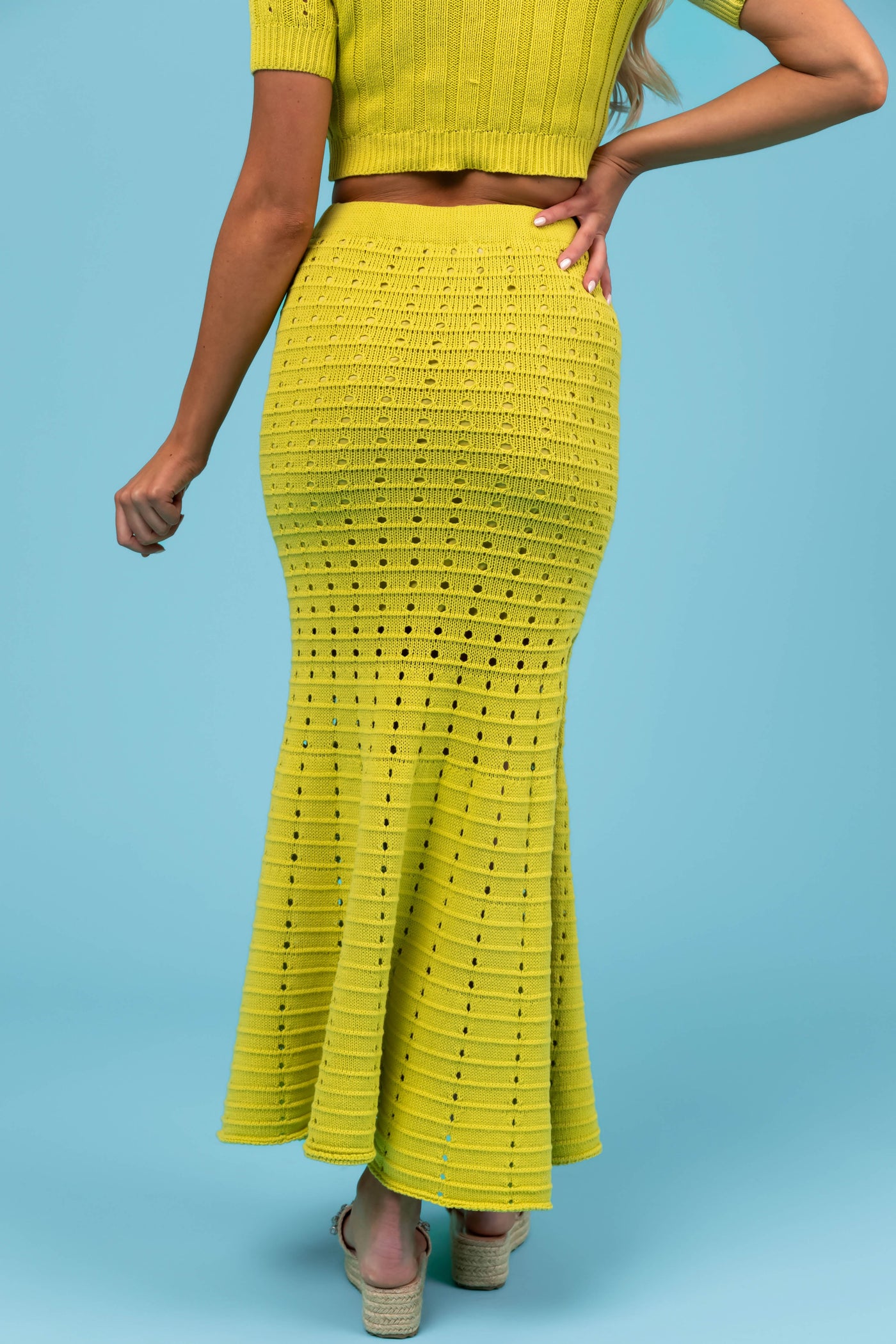 Lime Crochet Knit Fit and Flare Maxi Skirt