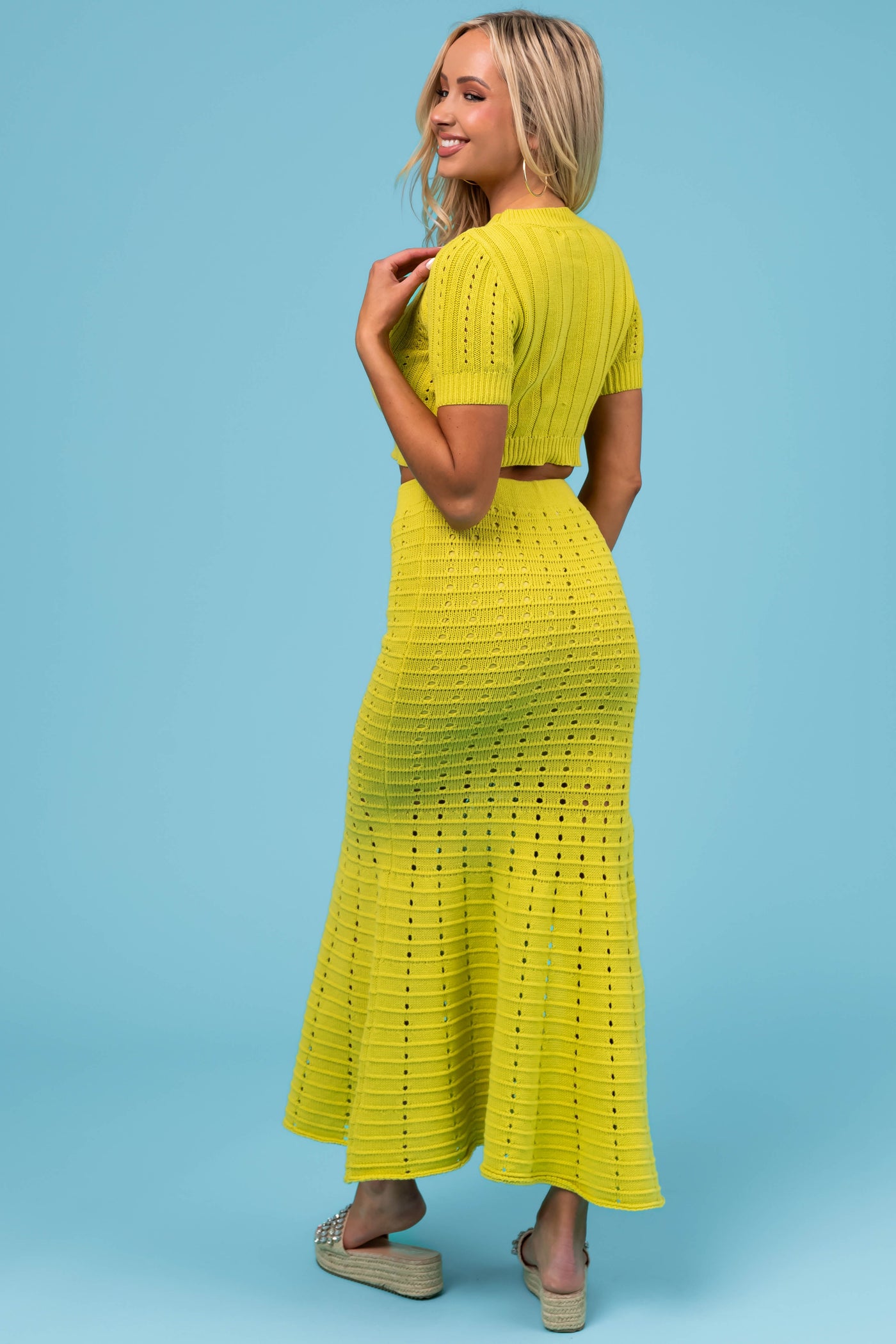 Lime Crochet Knit Fit and Flare Maxi Skirt