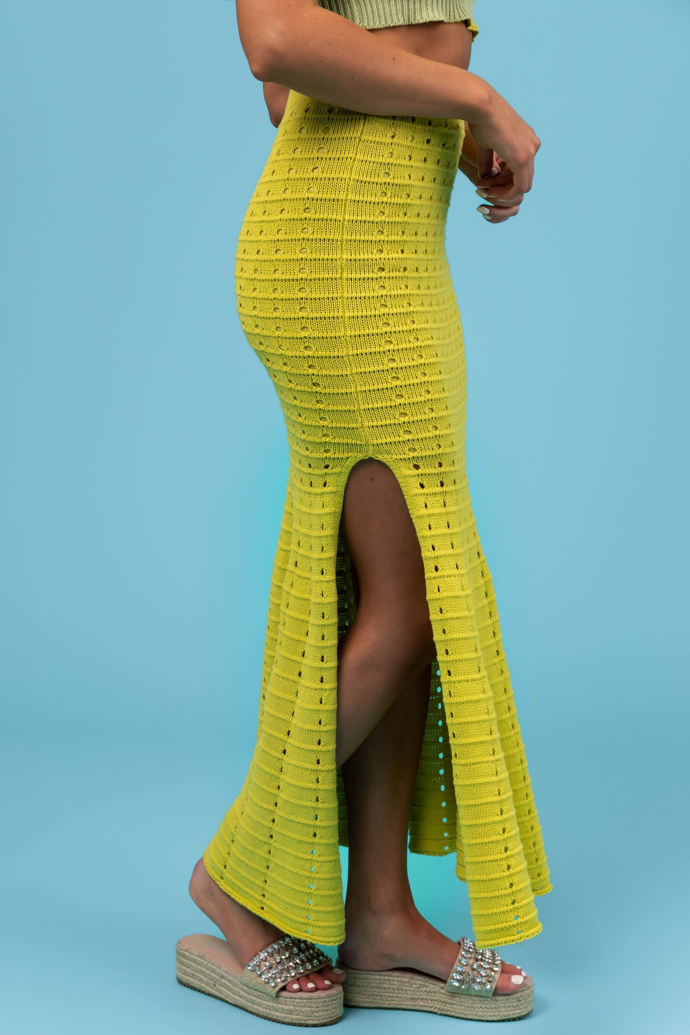 Lime Crochet Knit Fit and Flare Maxi Skirt