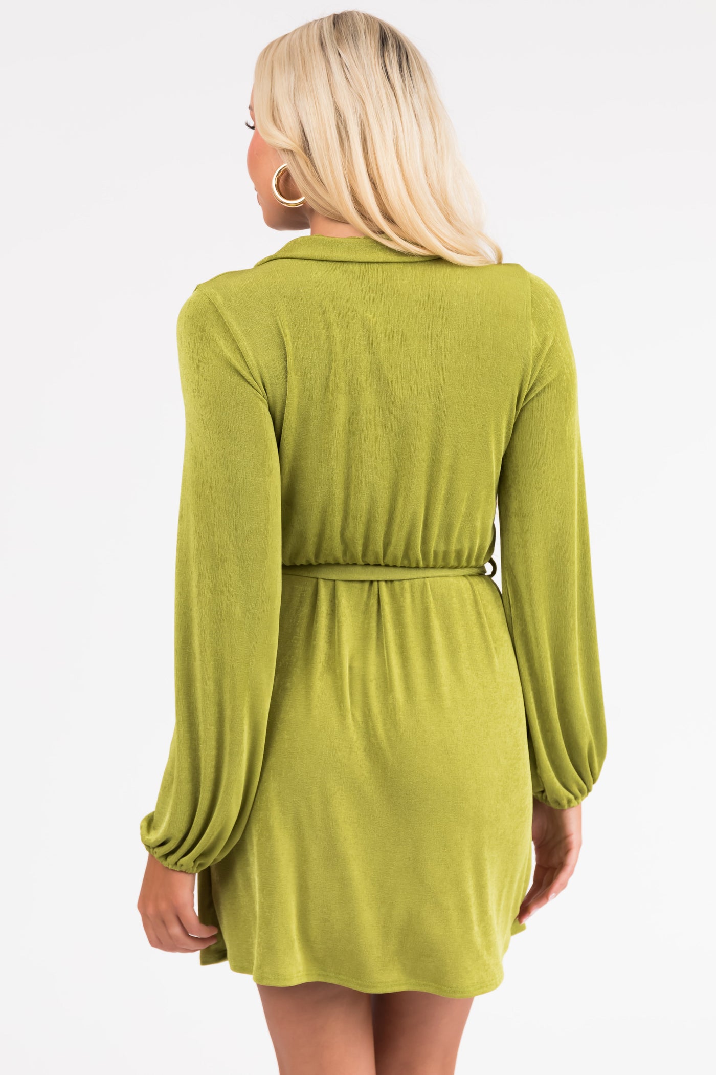 Lime Long Sleeve Surplice Short Dress