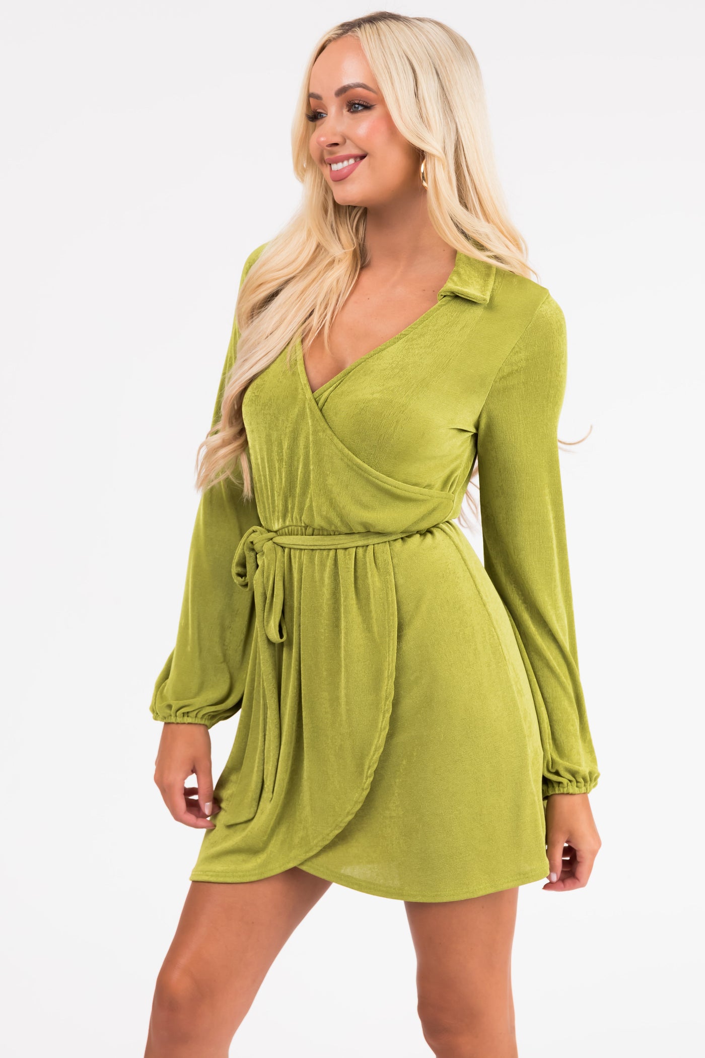 Lime Long Sleeve Surplice Short Dress