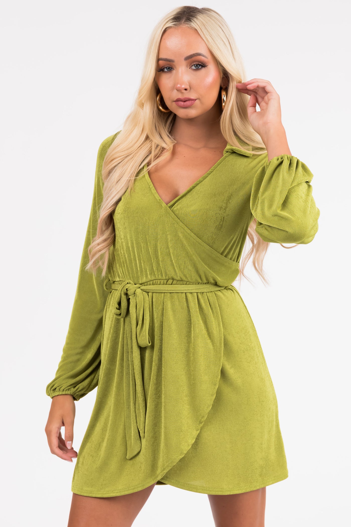 Lime Long Sleeve Surplice Short Dress