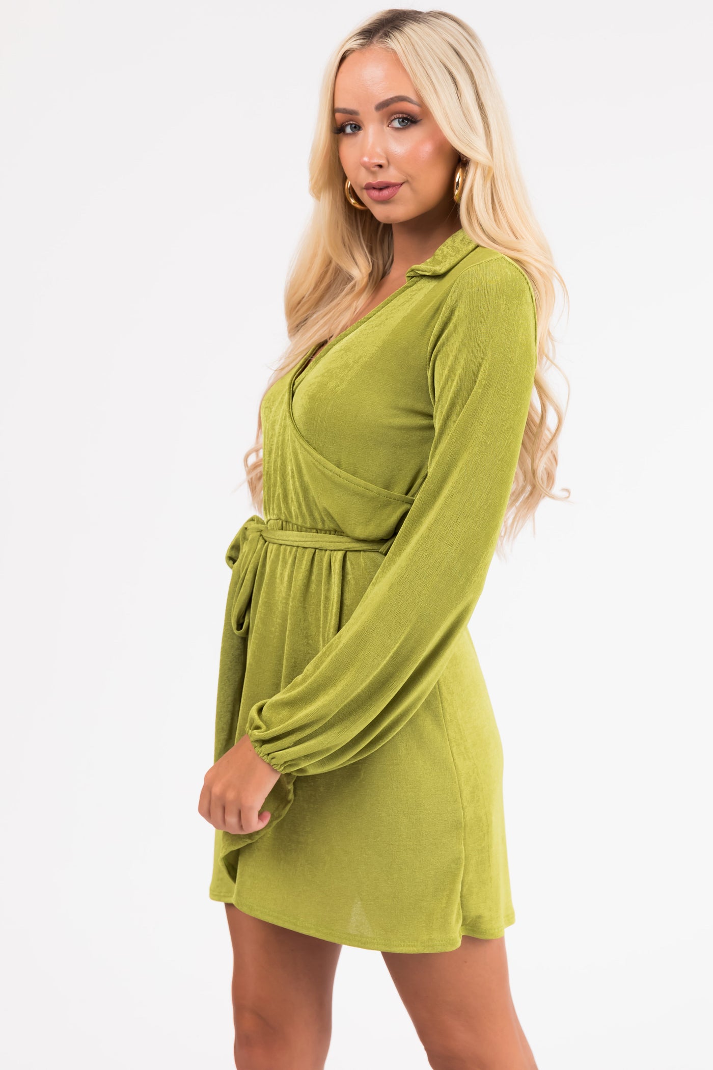 Lime Long Sleeve Surplice Short Dress