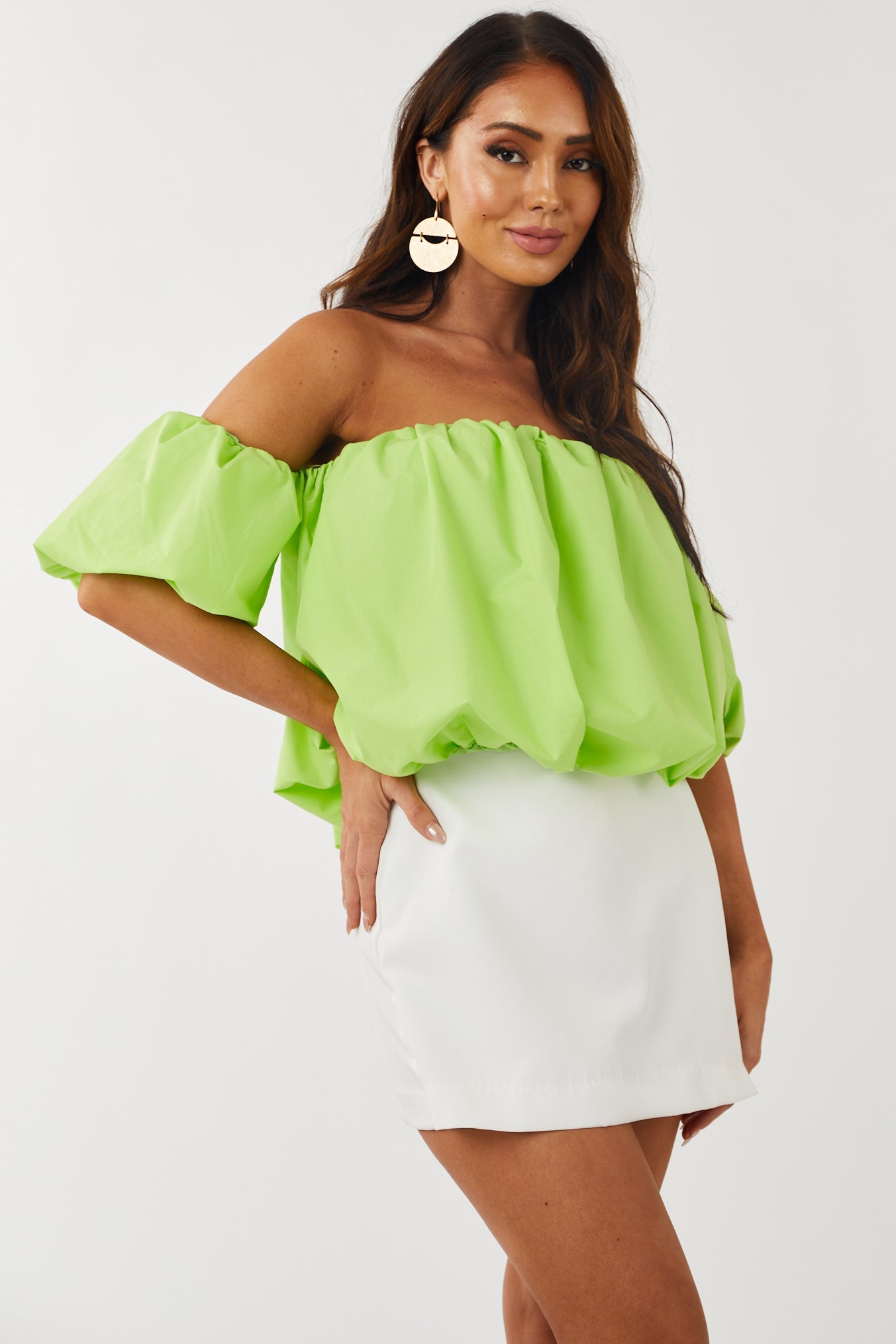 Lime Puff Off the Shoulder Cropped Blouse