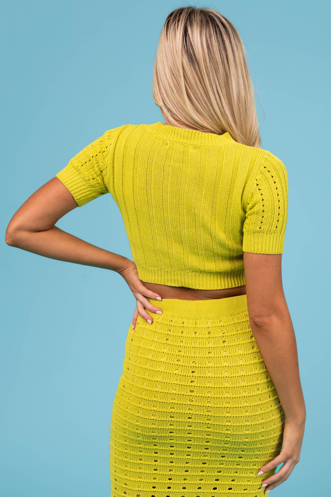 Lime Short Sleeve Pointelle Cropped Sweater