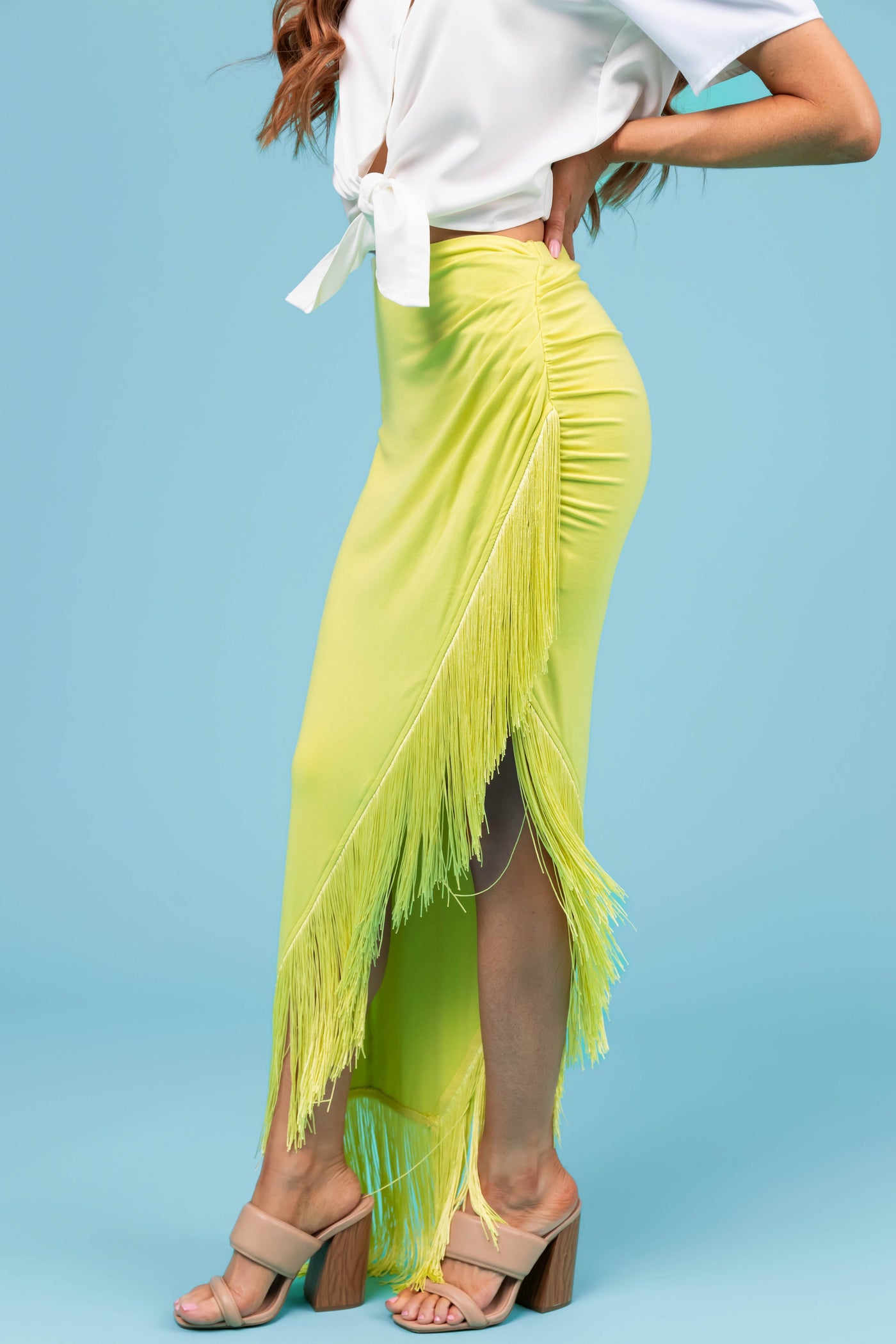 Lime Slanted Fringe Knit Midi Skirt