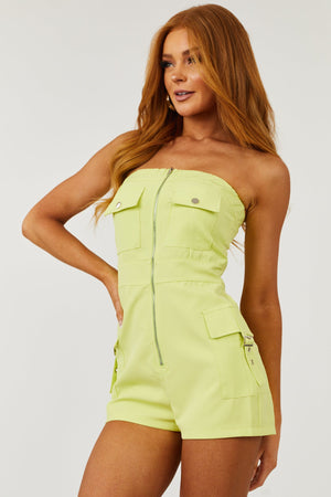 Lime Strapless Pocketed Zipper Front Romper