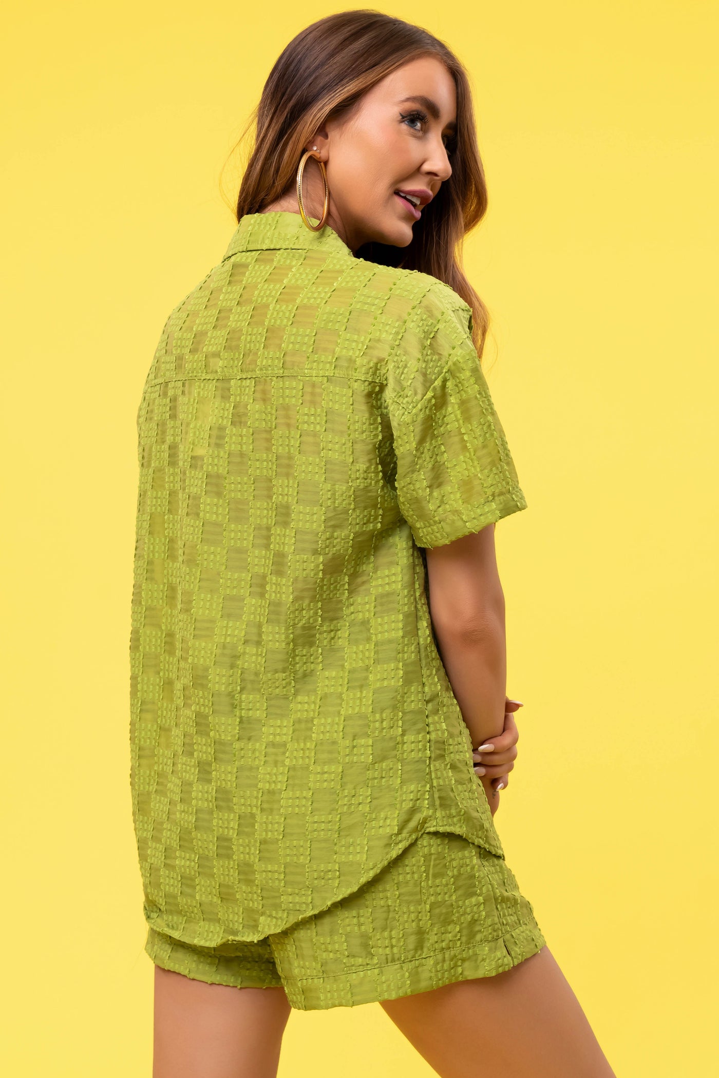 Lime Textured Woven Button Up Top and Shorts Set