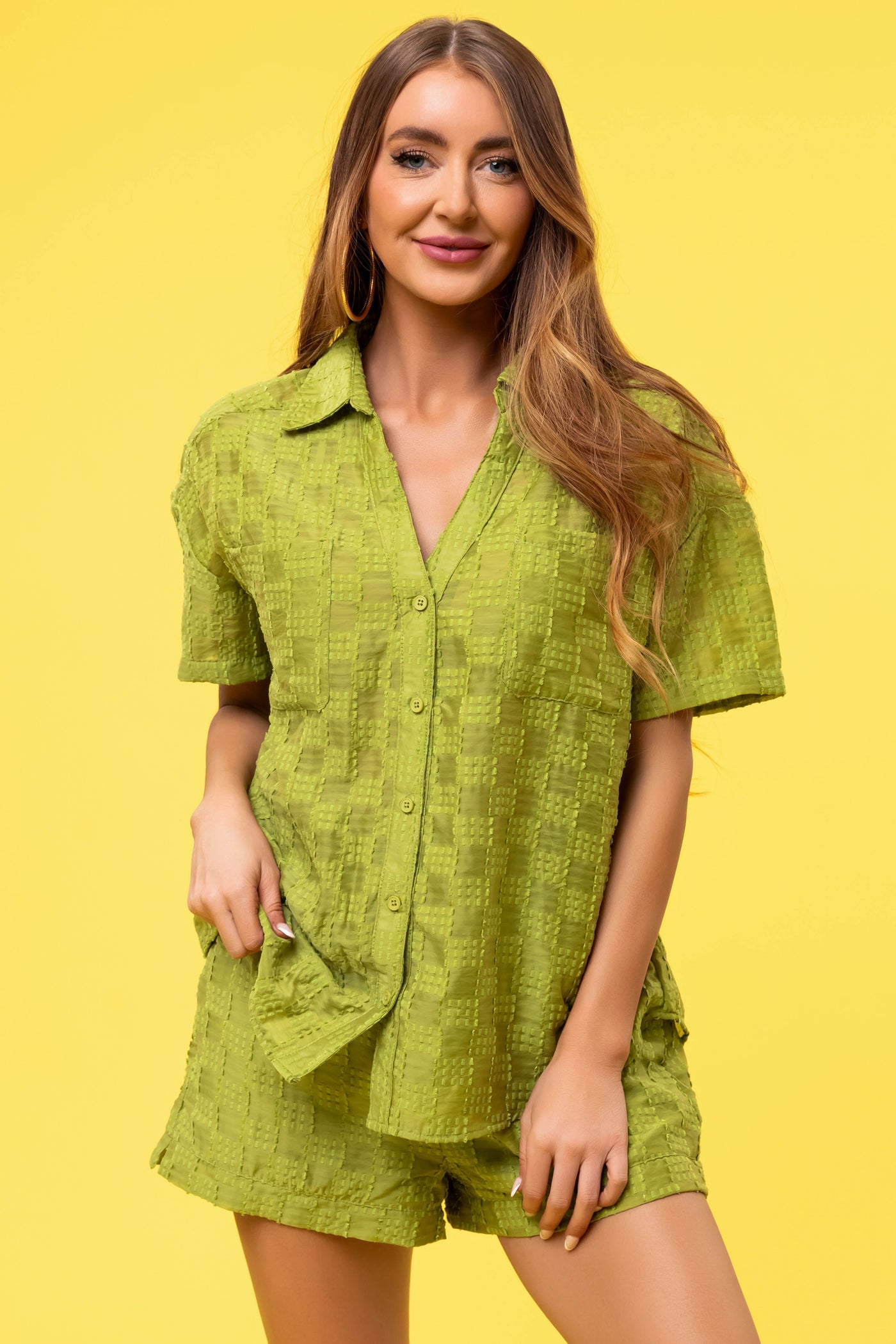 Lime Textured Woven Button Up Top and Shorts Set
