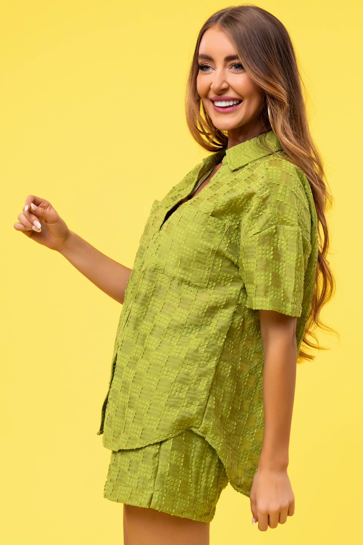 Lime Textured Woven Button Up Top and Shorts Set