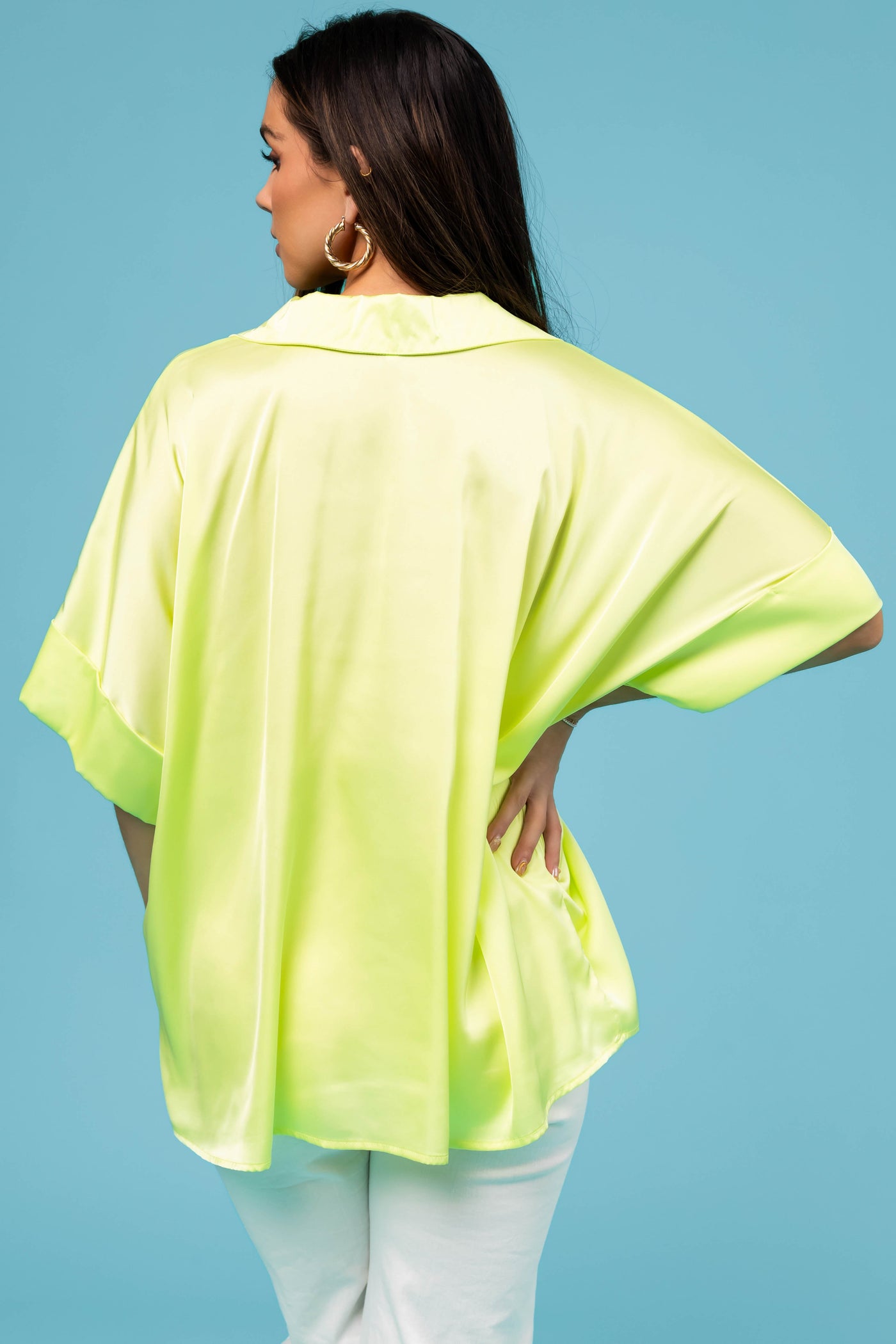 Lime V Neck Collared Satin Blouse