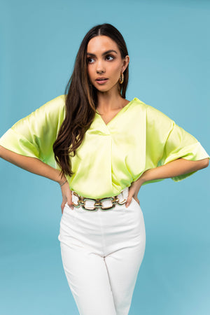 Lime V Neck Collared Satin Blouse