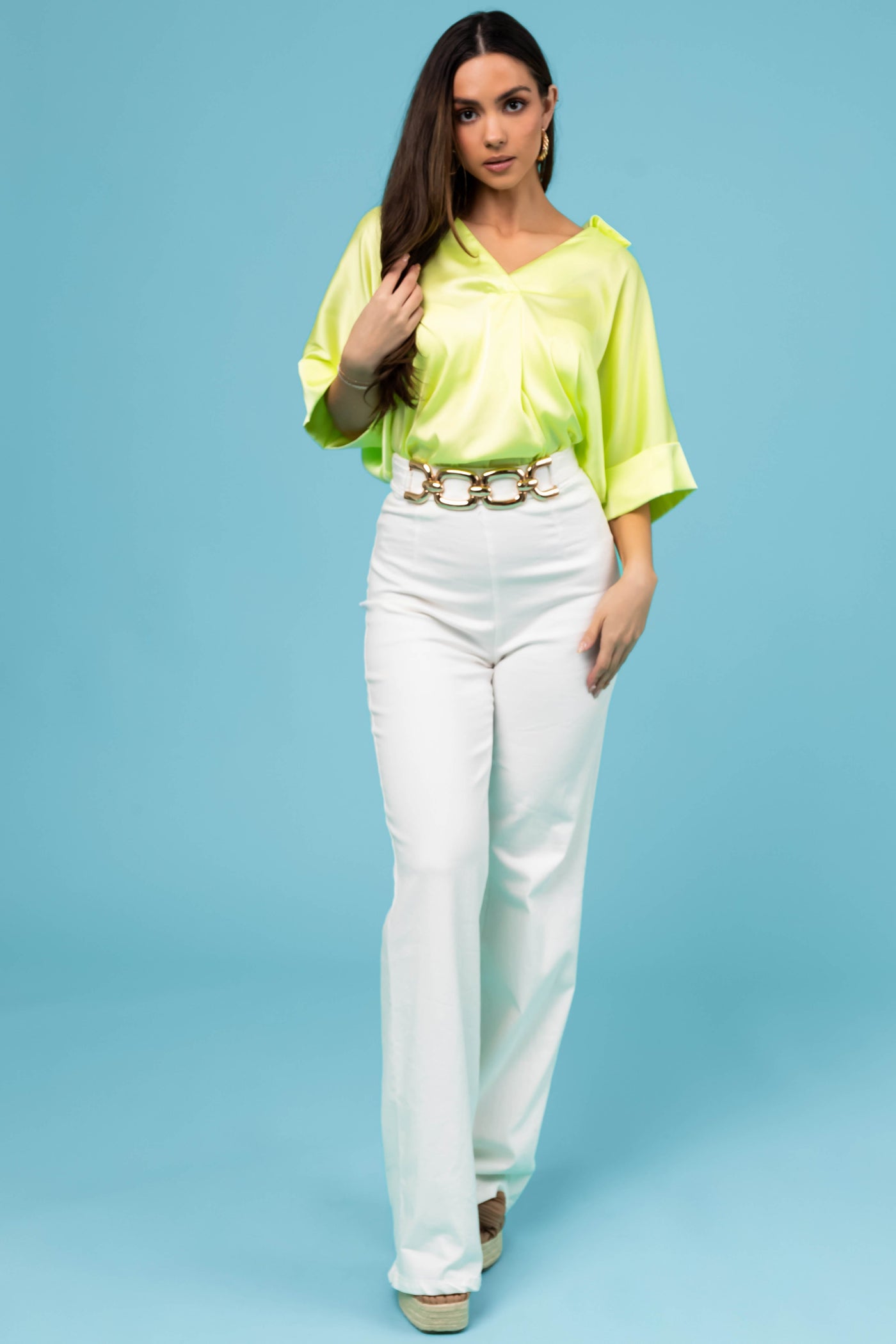 Lime V Neck Collared Satin Blouse