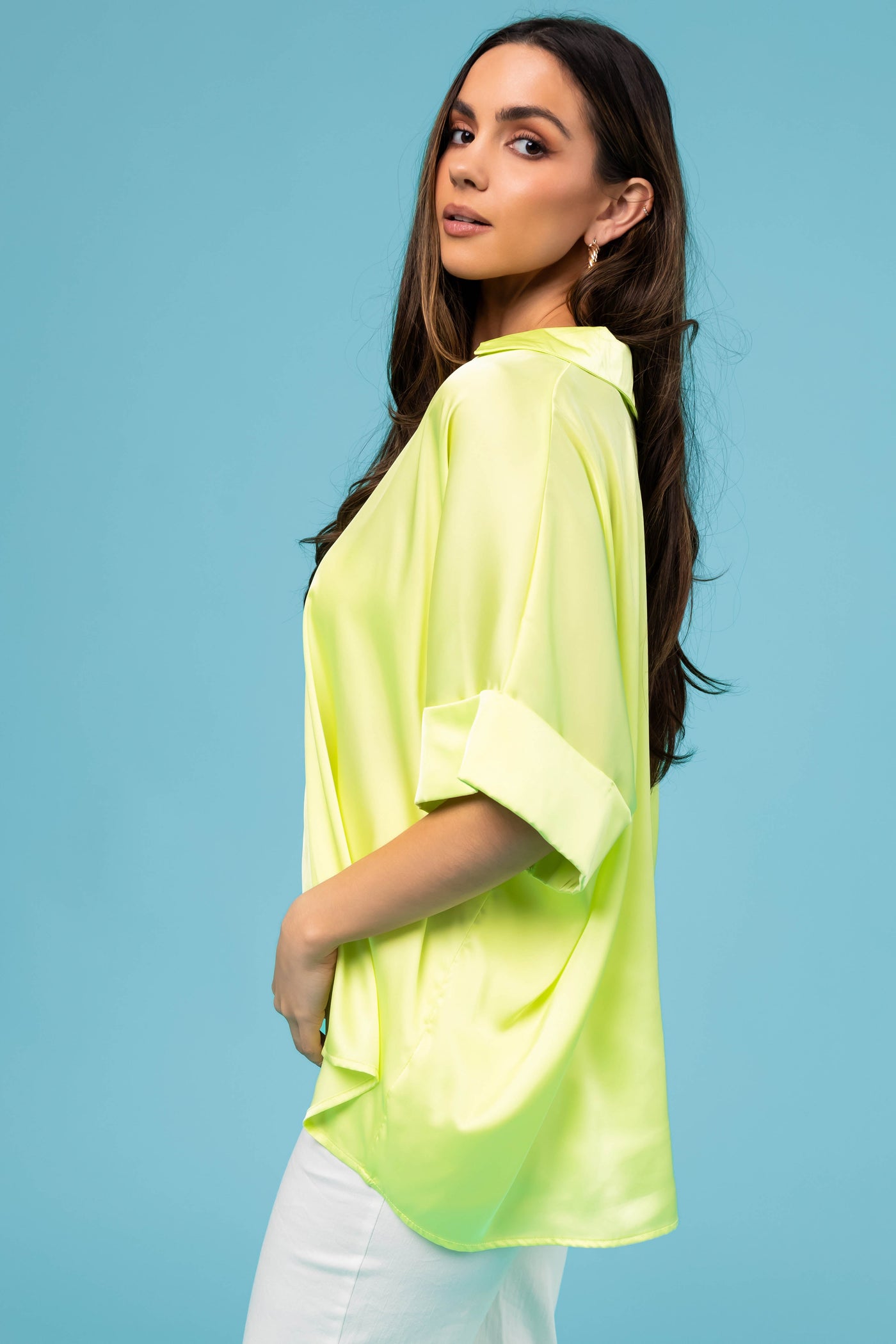 Lime V Neck Collared Satin Blouse