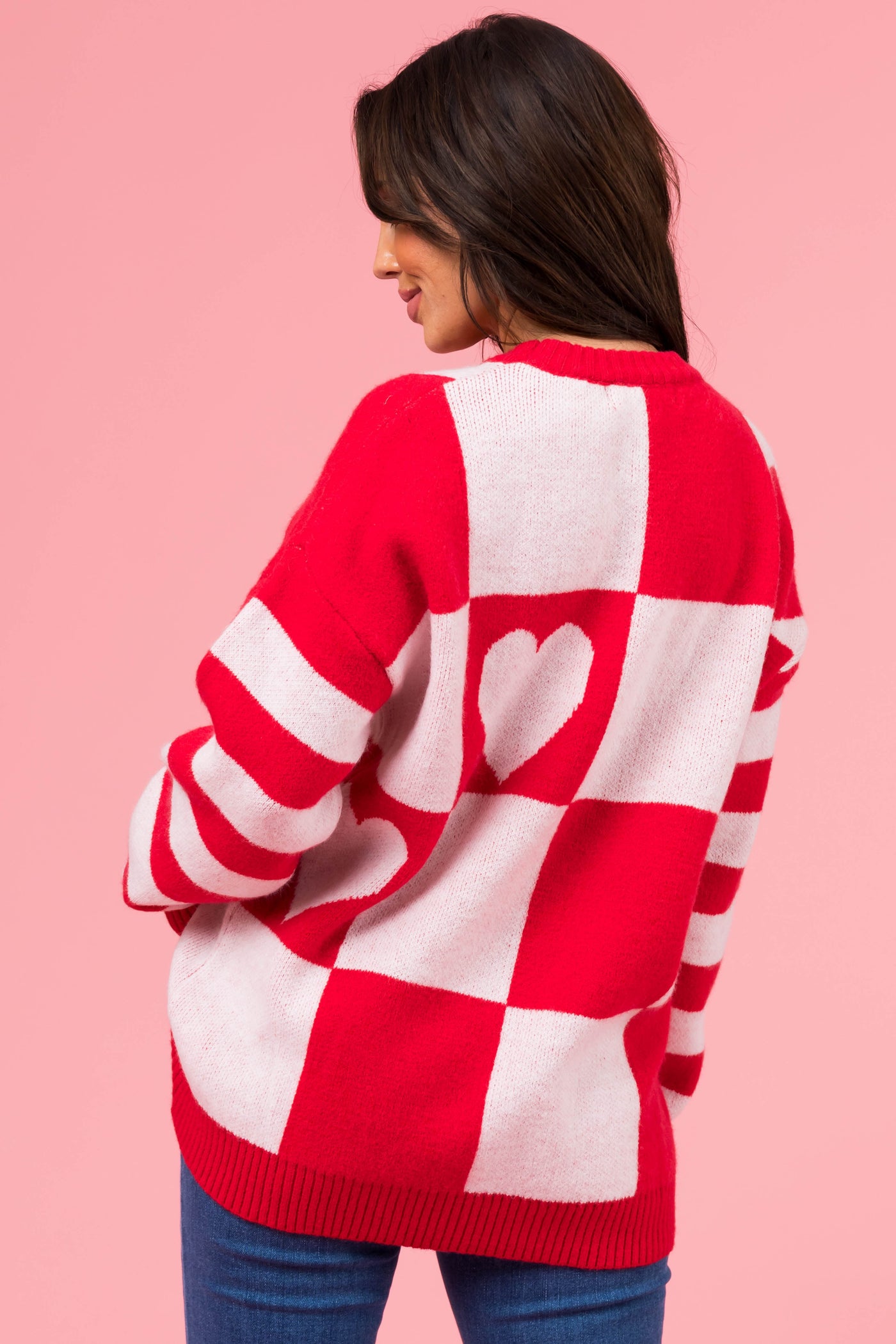 Lipstick Checkered Heart Contrast Print Sweater