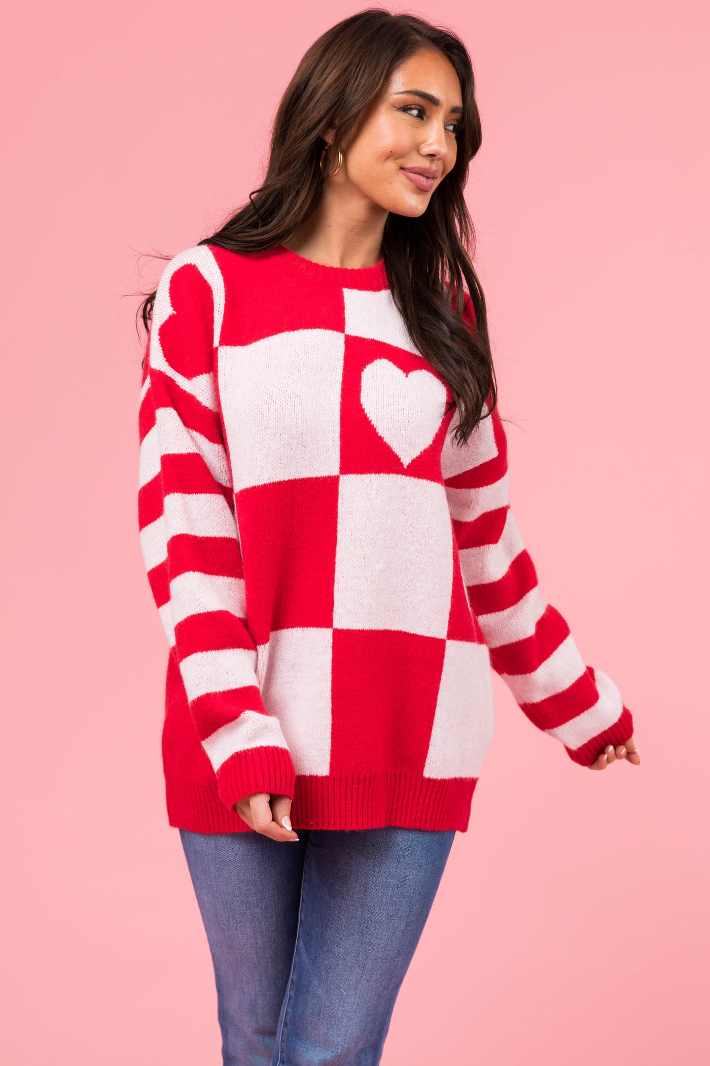 Lipstick Checkered Heart Contrast Print Sweater