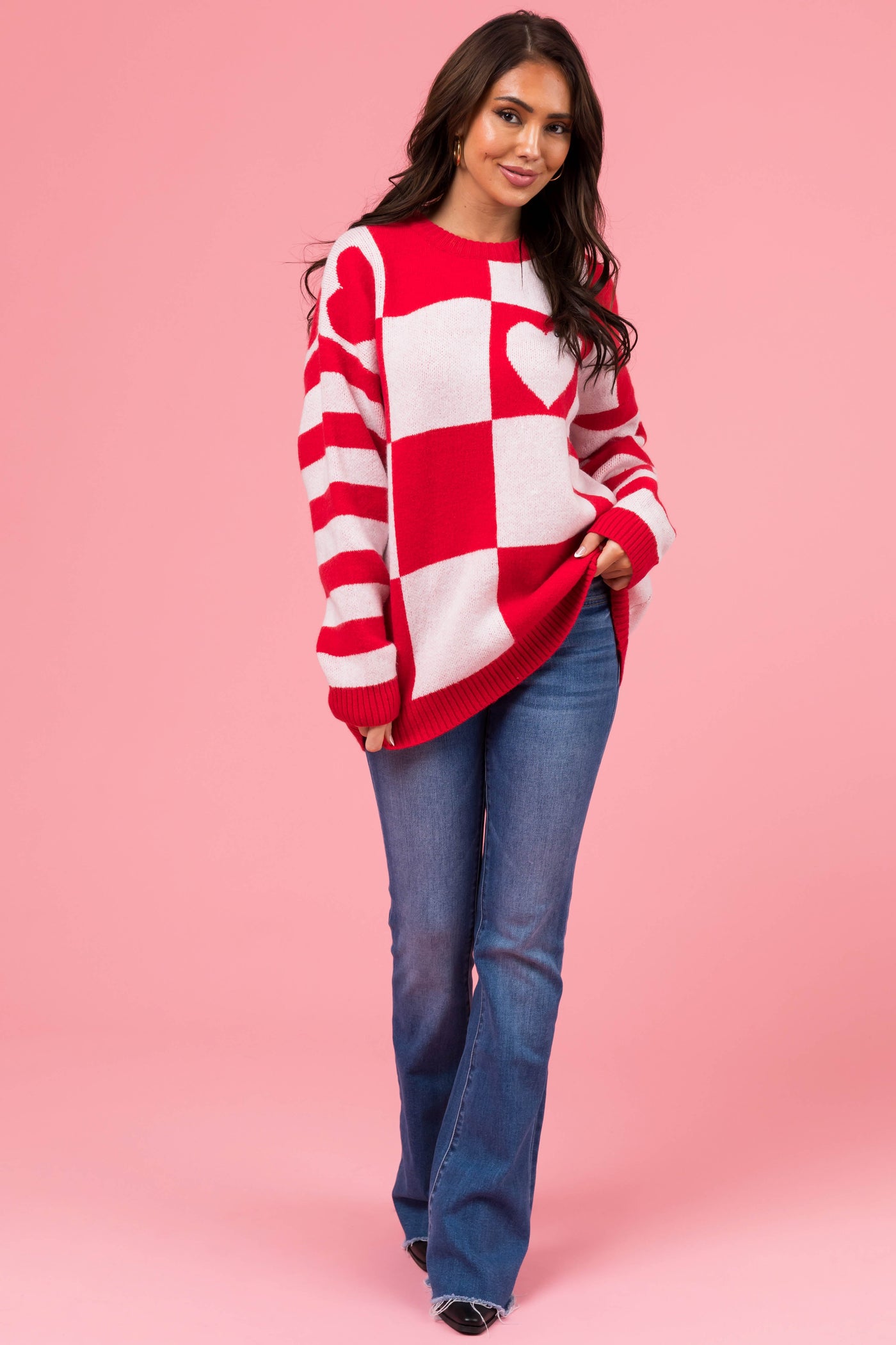Lipstick Checkered Heart Contrast Print Sweater