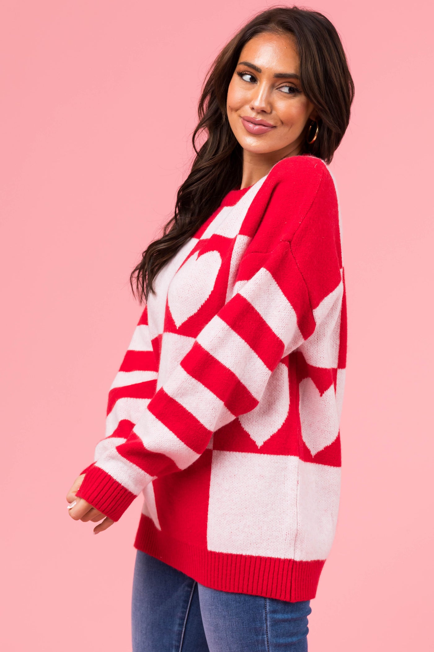 Lipstick Checkered Heart Contrast Print Sweater