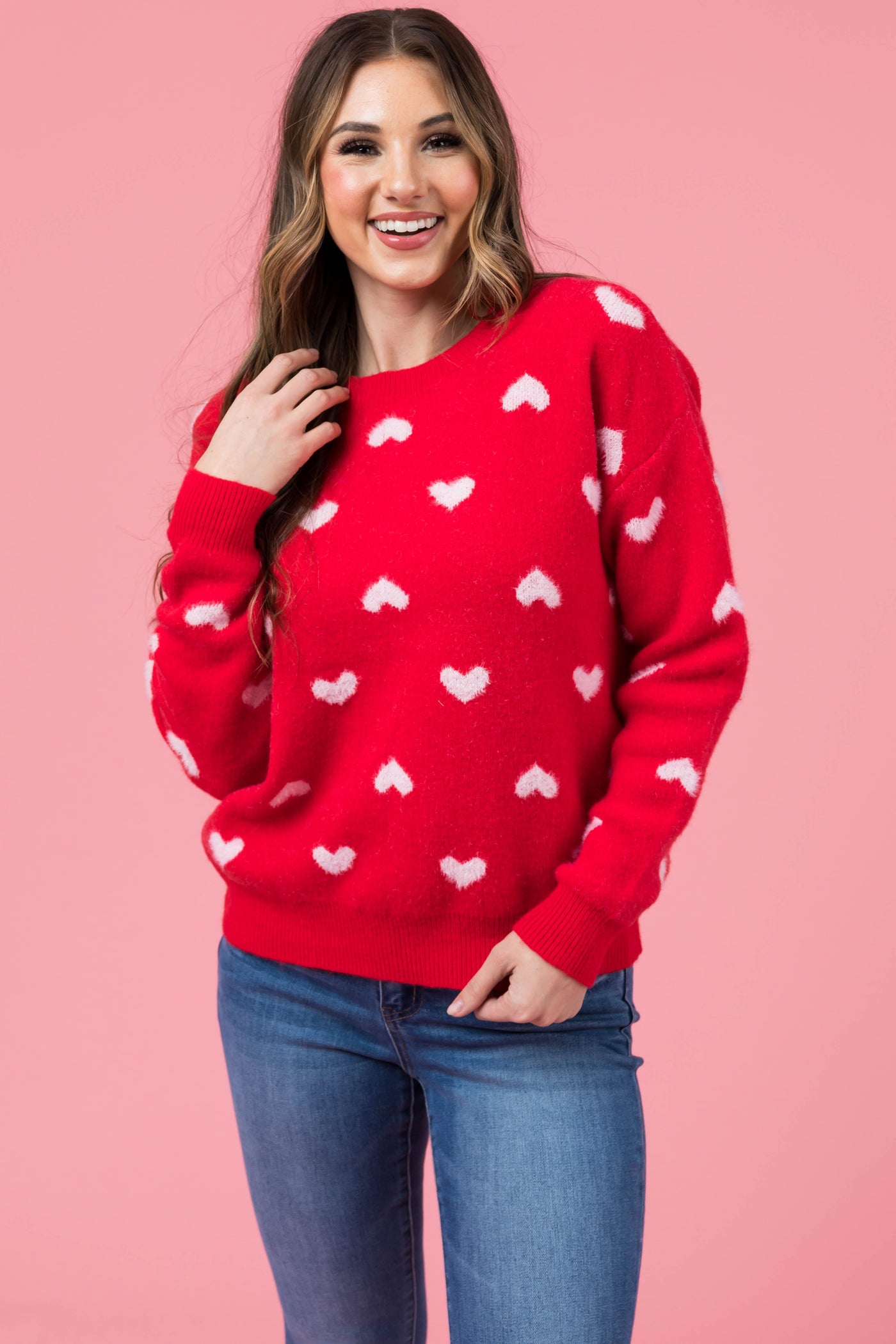 Lipstick Heart Print Soft Knit Sweater