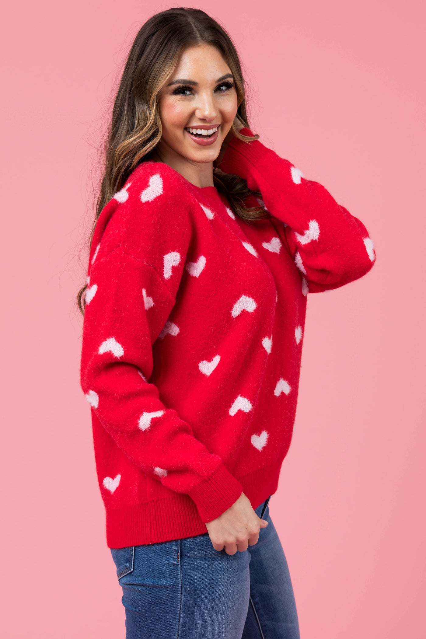 Lipstick Heart Print Soft Knit Sweater