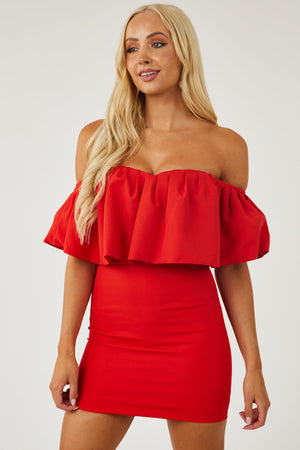 Lipstick Off Shoulder Ruffle Mini Dress