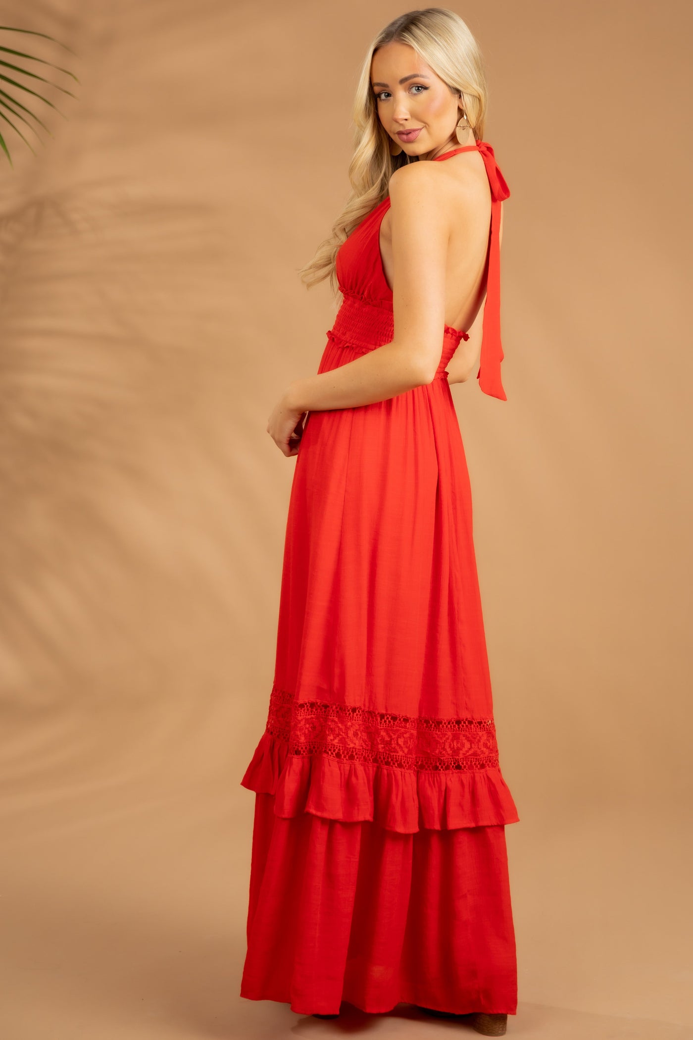 Lipstick Red Halter Neck Maxi Dress with Lace Detail