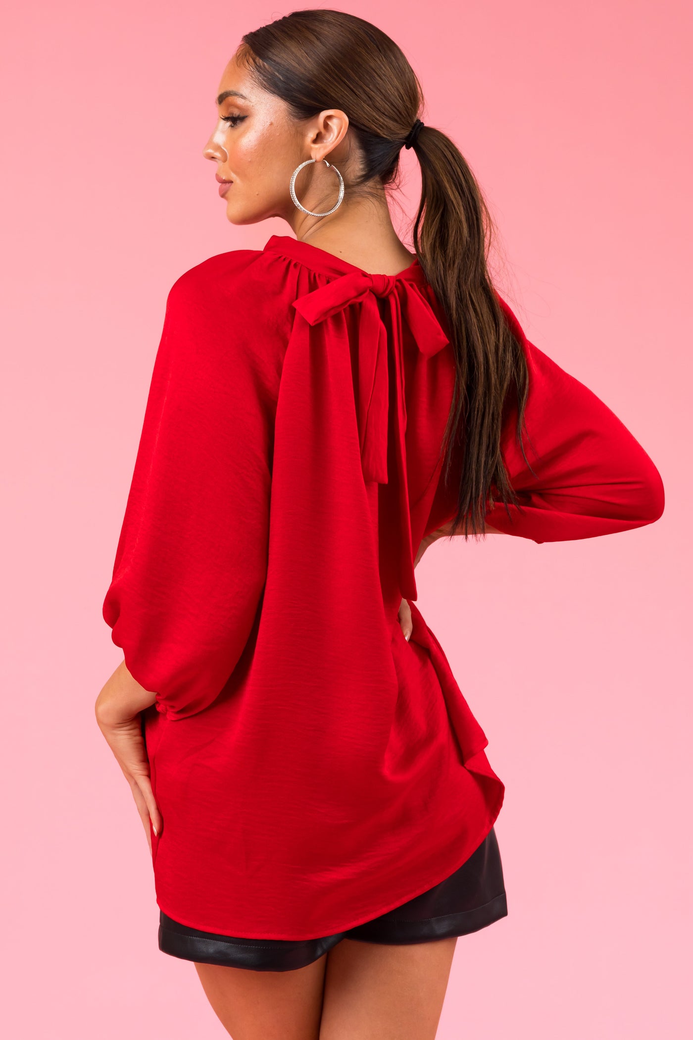 Lipstick Red Satin Back Tie Half Sleeve Blouse