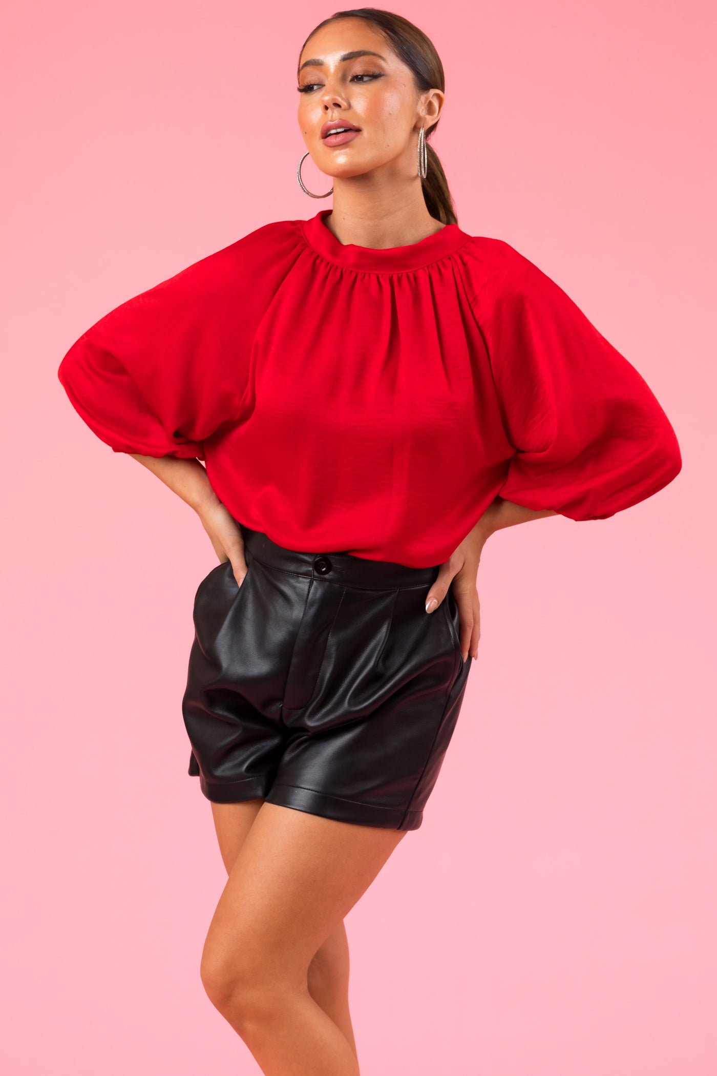 Lipstick Red Satin Back Tie Half Sleeve Blouse