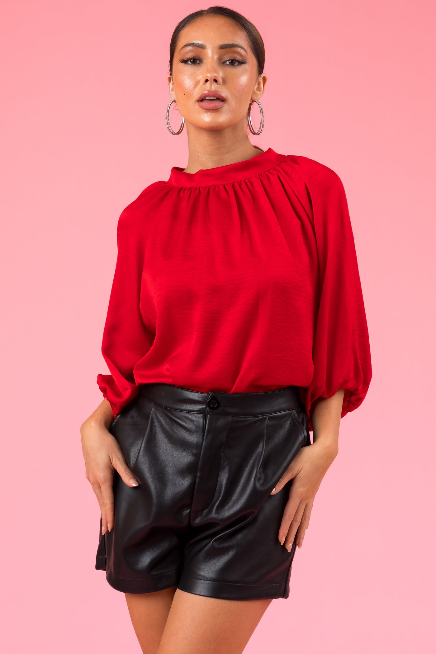 Lipstick Red Satin Back Tie Half Sleeve Blouse