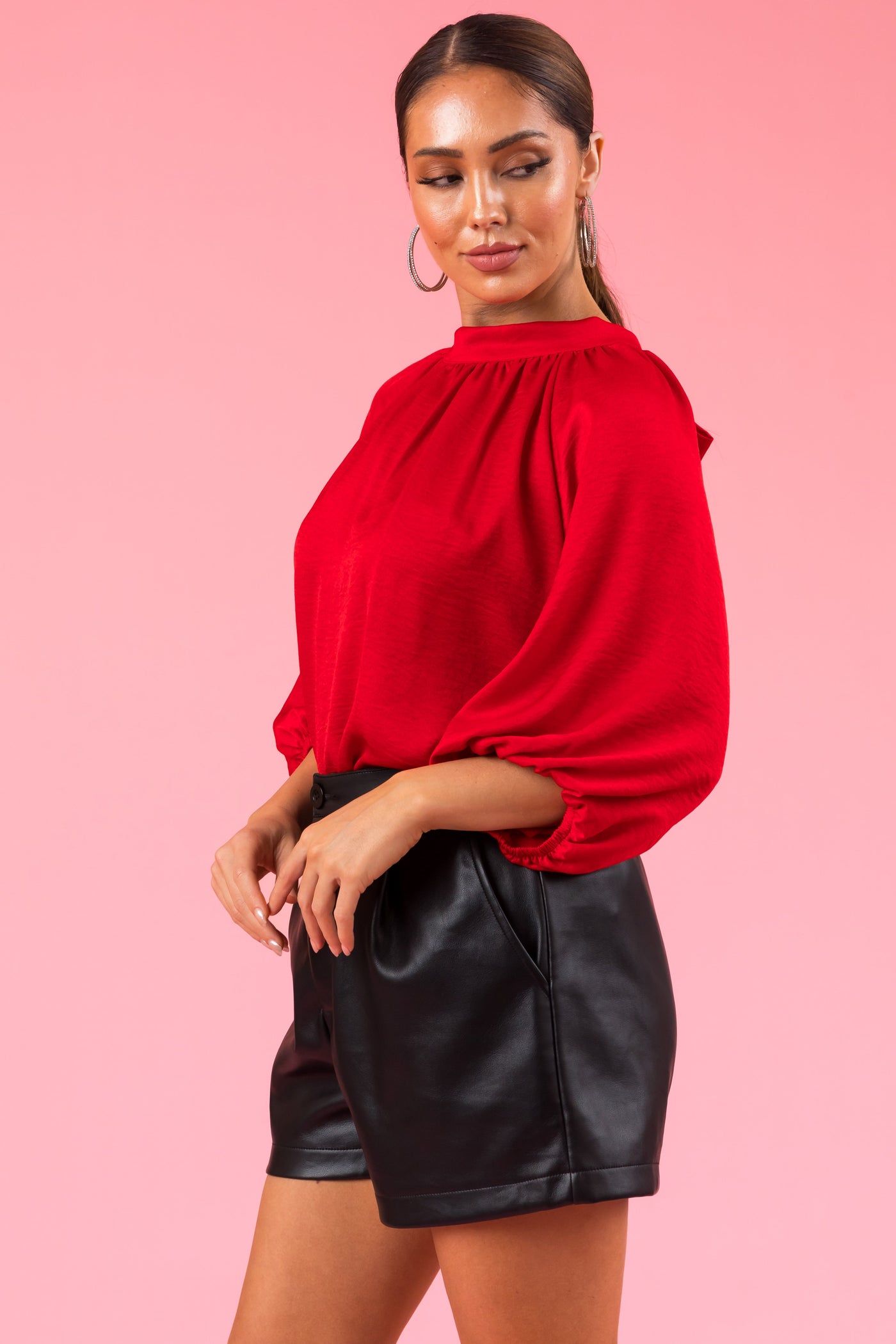 Lipstick Red Satin Back Tie Half Sleeve Blouse