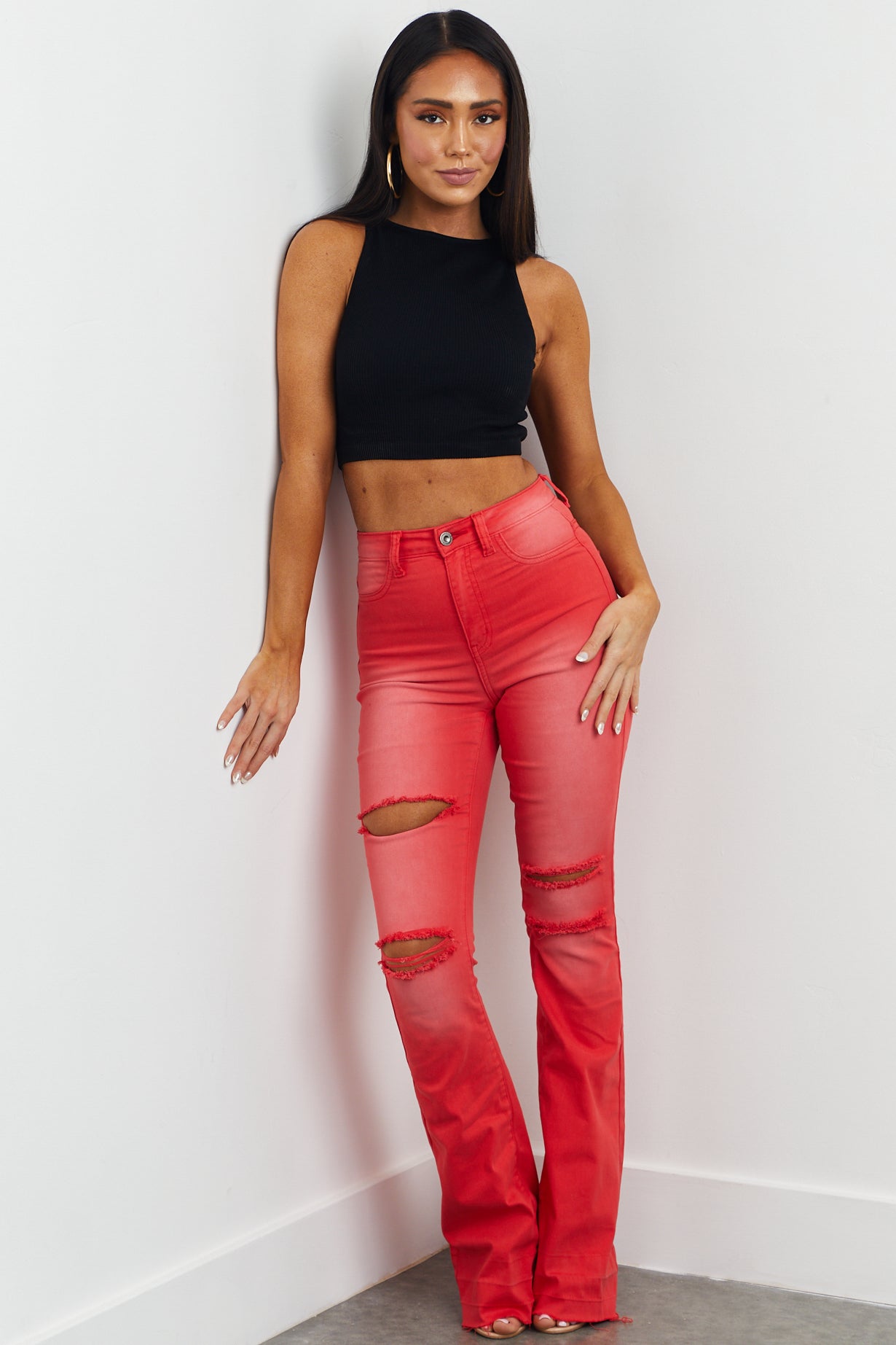 Lipstick Washed High Rise Distressed Flare Jeans
