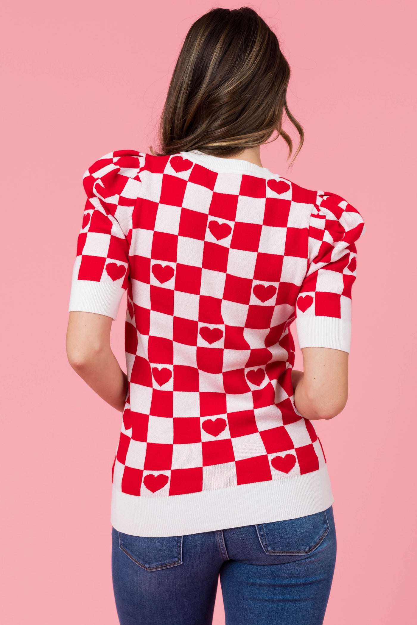 Lipstick and Ivory Checkered Heart Sweater Top